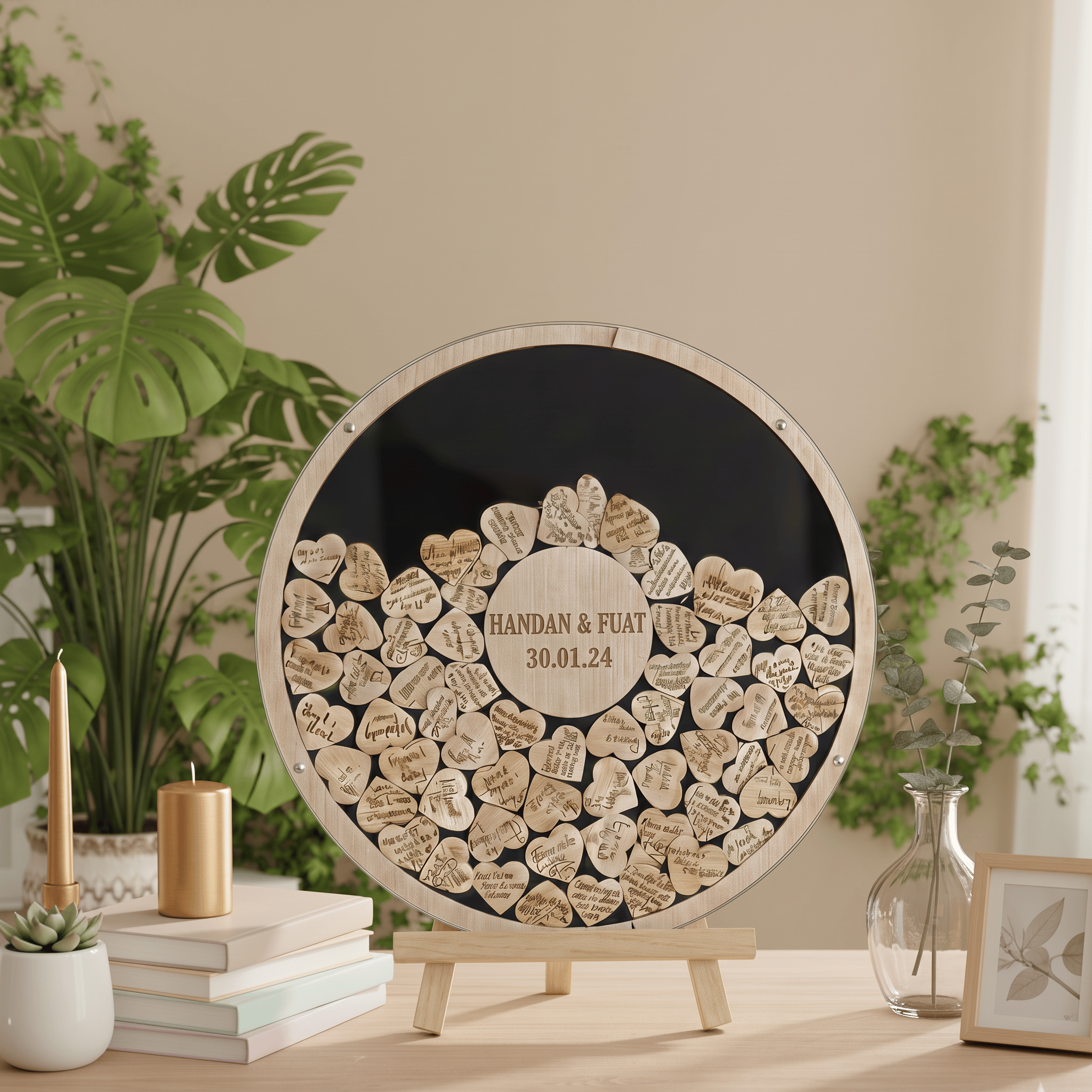 Kişiselleştirilmiş Pleksi Siyah Yuvarlak Düğün Nişan Hatıra Anı Kutusu (50 cm Set) 