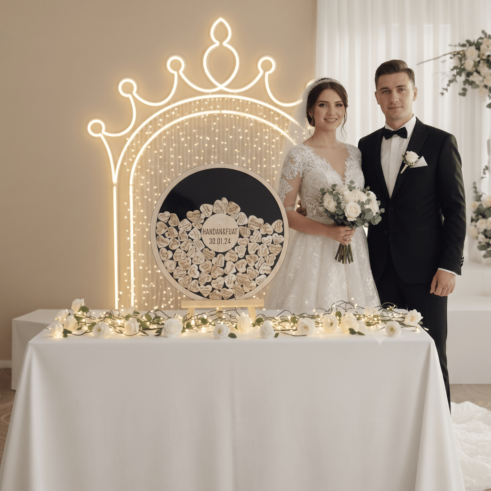 Kişiselleştirilmiş Pleksi Siyah Yuvarlak Düğün Nişan Hatıra Anı Kutusu (50 cm Set) 