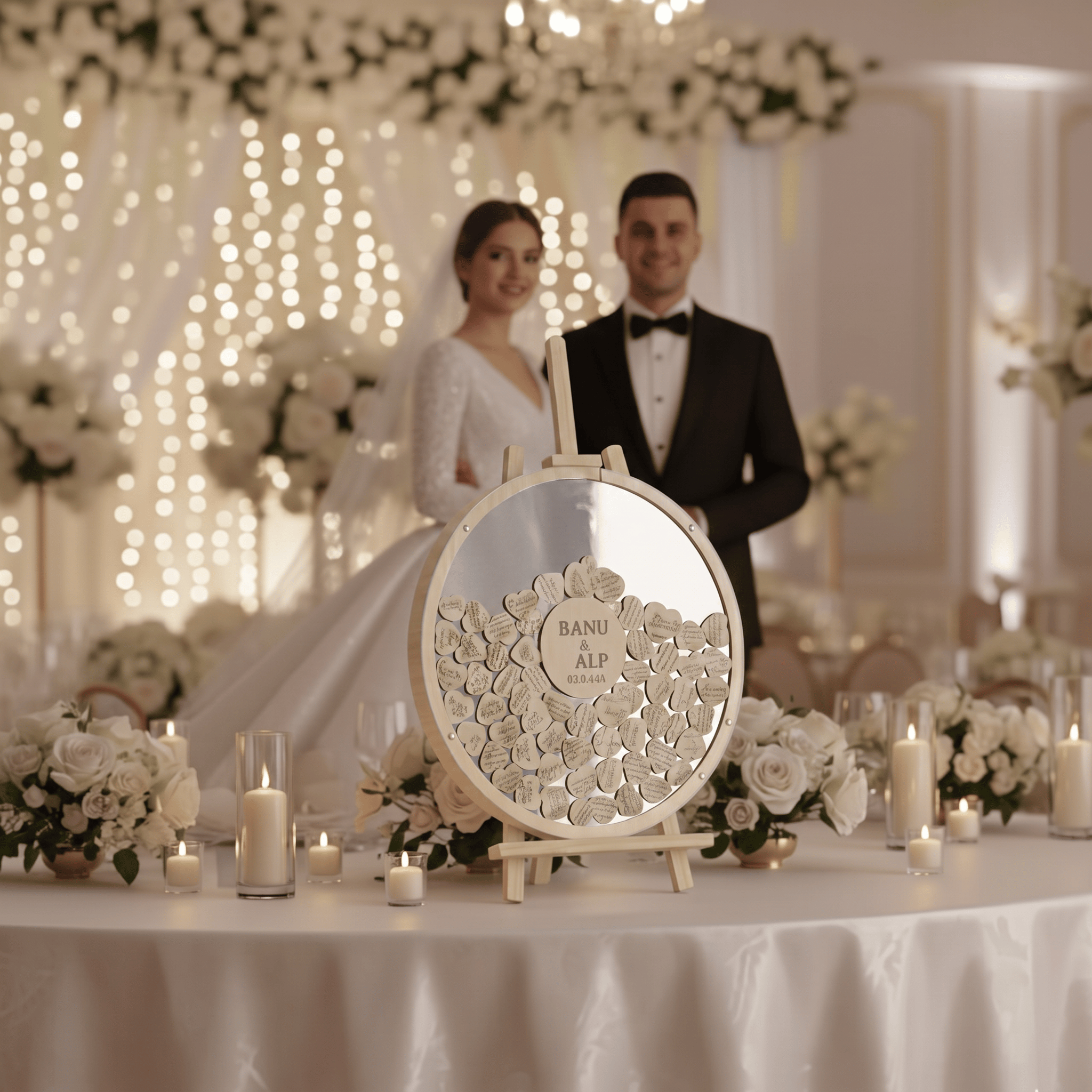 Kişiselleştirilmiş Yuvarlak Gümüş Pleksi Düğün/Nişan Anı Kutusu - Misafir Defteri (50 cm Set)