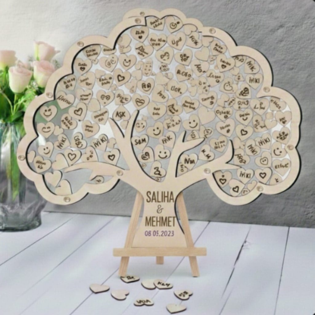 Kişiye Özel Ağaç Formunda Ahşap Düğün Anı Kutusu (50 cm Set)
