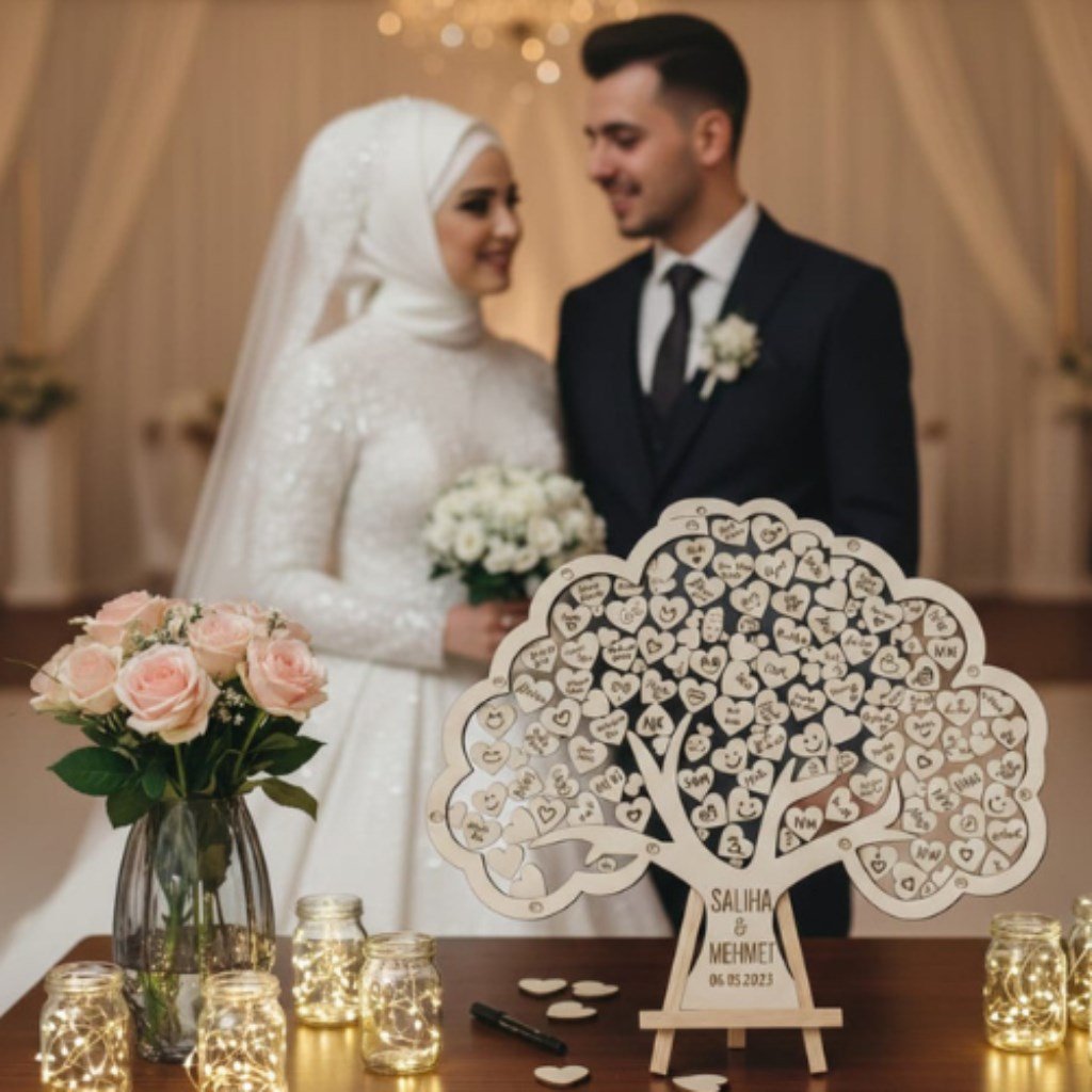 Kişiye Özel Ağaç Formunda Ahşap Düğün Anı Kutusu (50 cm Set)