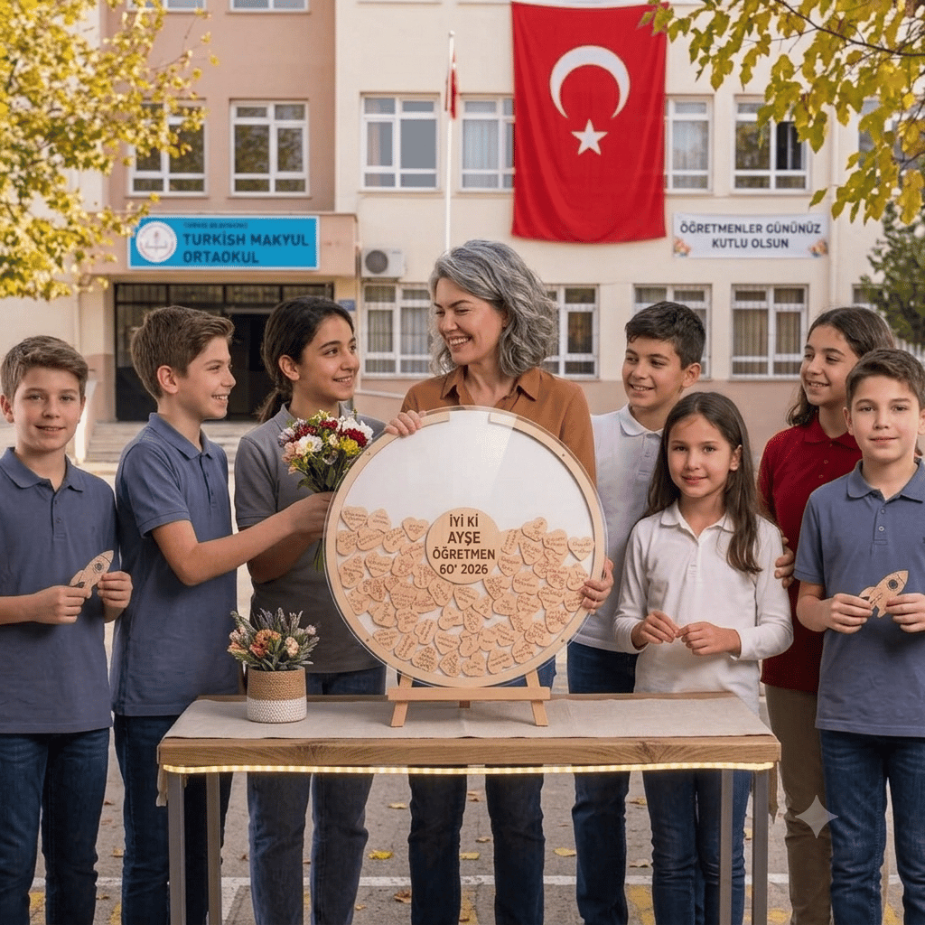 Kişiye Özel Beyaz Zeminli Öğretmenler Günü Hatırası Ahşap Anı Kutusu (50 cm Set)