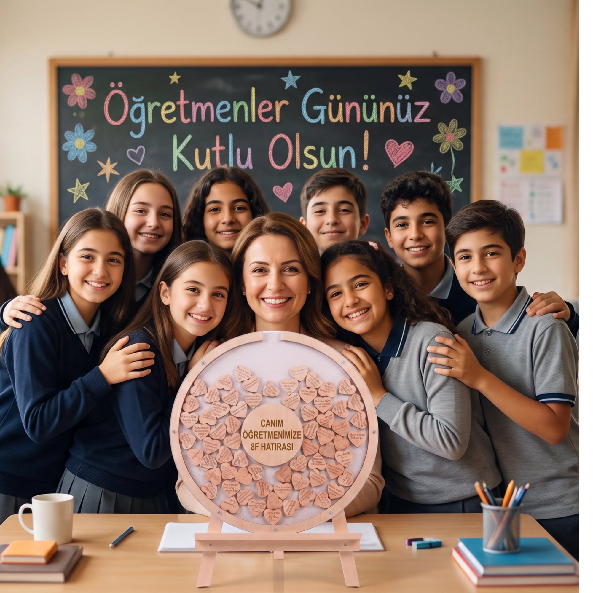 Kişiye Özel Beyaz Zeminli Öğretmenler Günü Hatırası Ahşap Anı Kutusu (50 cm Set)