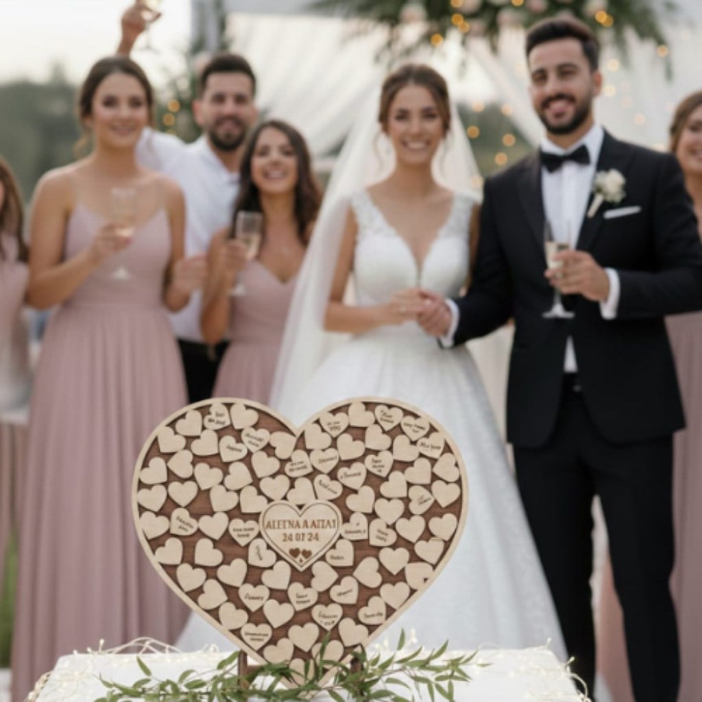 Kişiye Özel Ceviz Zeminli Kalp Formunda Ahşap Düğün Anı Kutusu (50 cm Set)