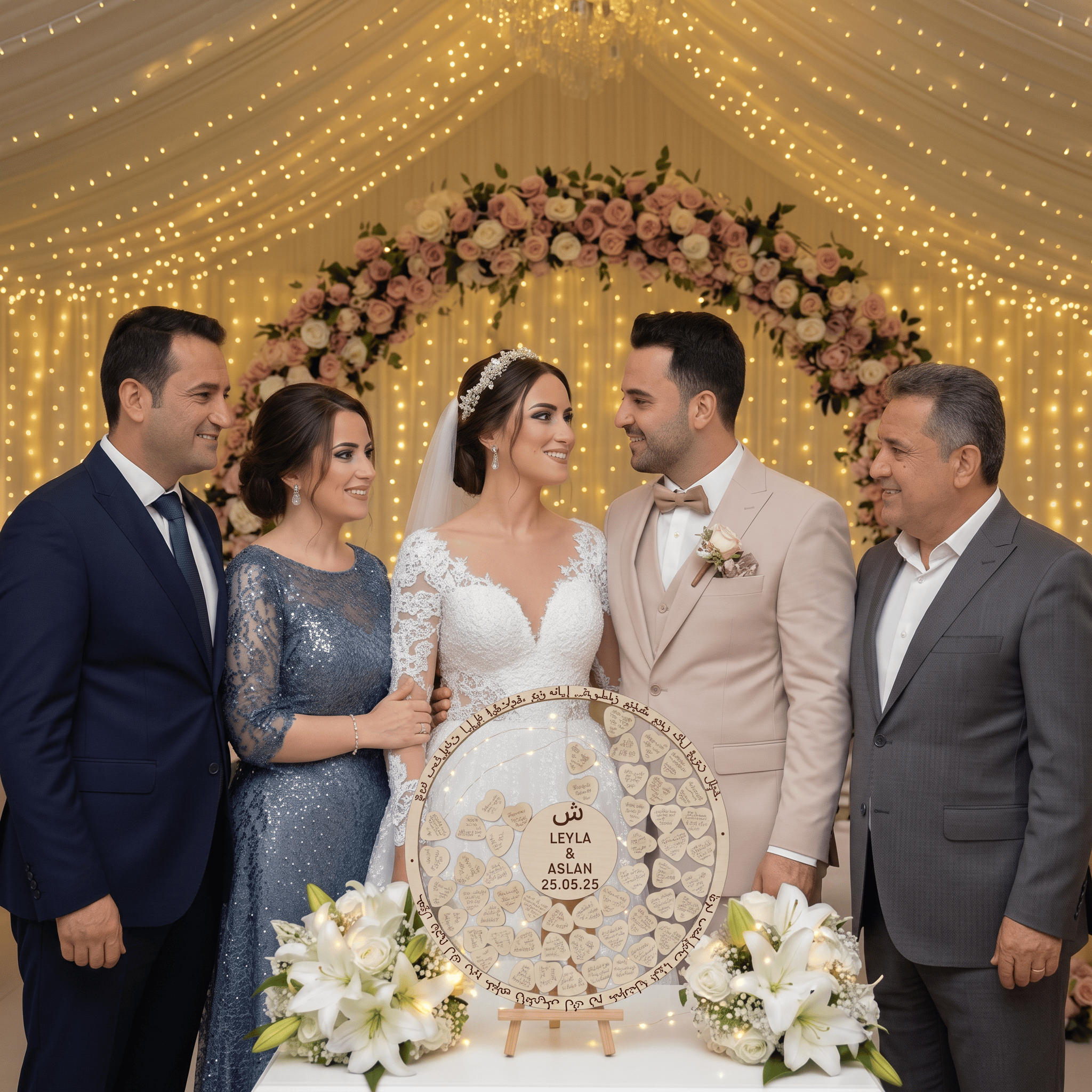 Kişiye Özel Dua Kazımalı Yuvarlak Düğün Anı Defteri - Allah Lafızlı Çift Tarafı Şeffaf Anı Kutusu 50 cm Set