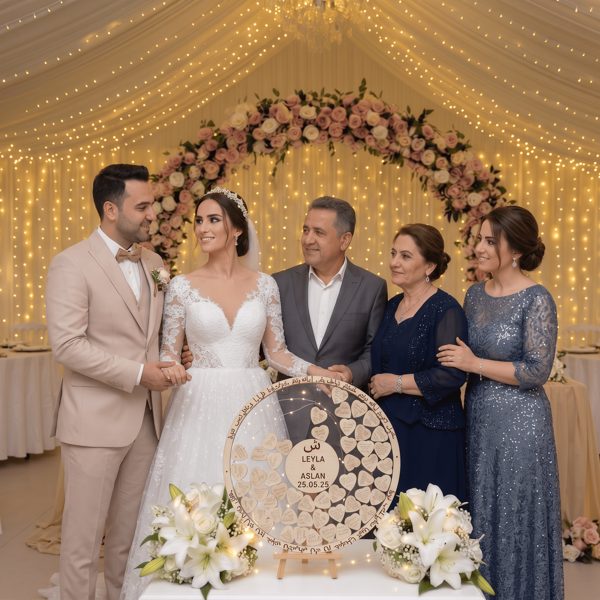 Kişiye Özel Dua Kazımalı Yuvarlak Düğün Anı Defteri - Allah Lafızlı Çift Tarafı Şeffaf Anı Kutusu 50 cm Set