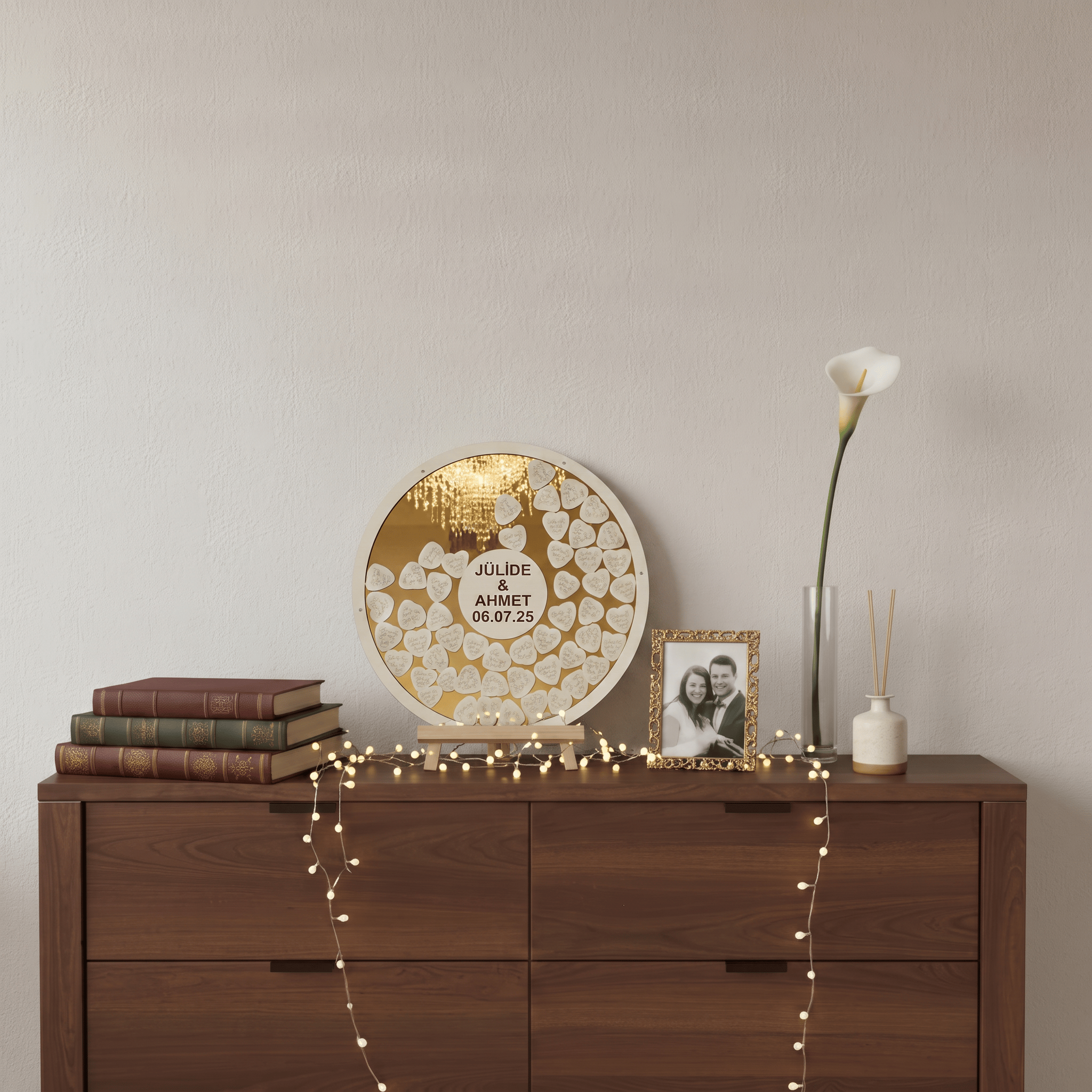 Kişiye Özel Gold Pleksi Yuvarlak Düğün Nişan Anı Kutusu (50 cm Set) 