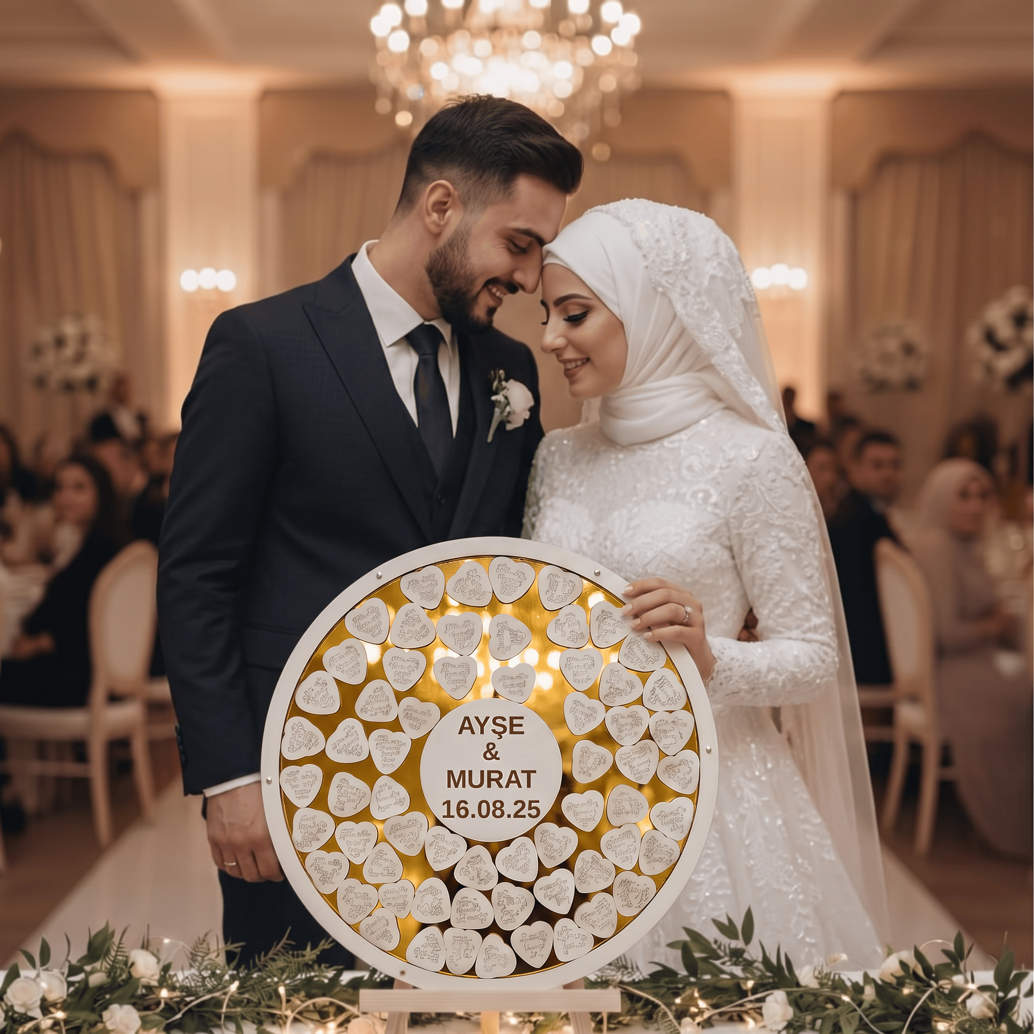 Kişiye Özel Gold Pleksi Yuvarlak Düğün Nişan Anı Kutusu (50 cm Set) 