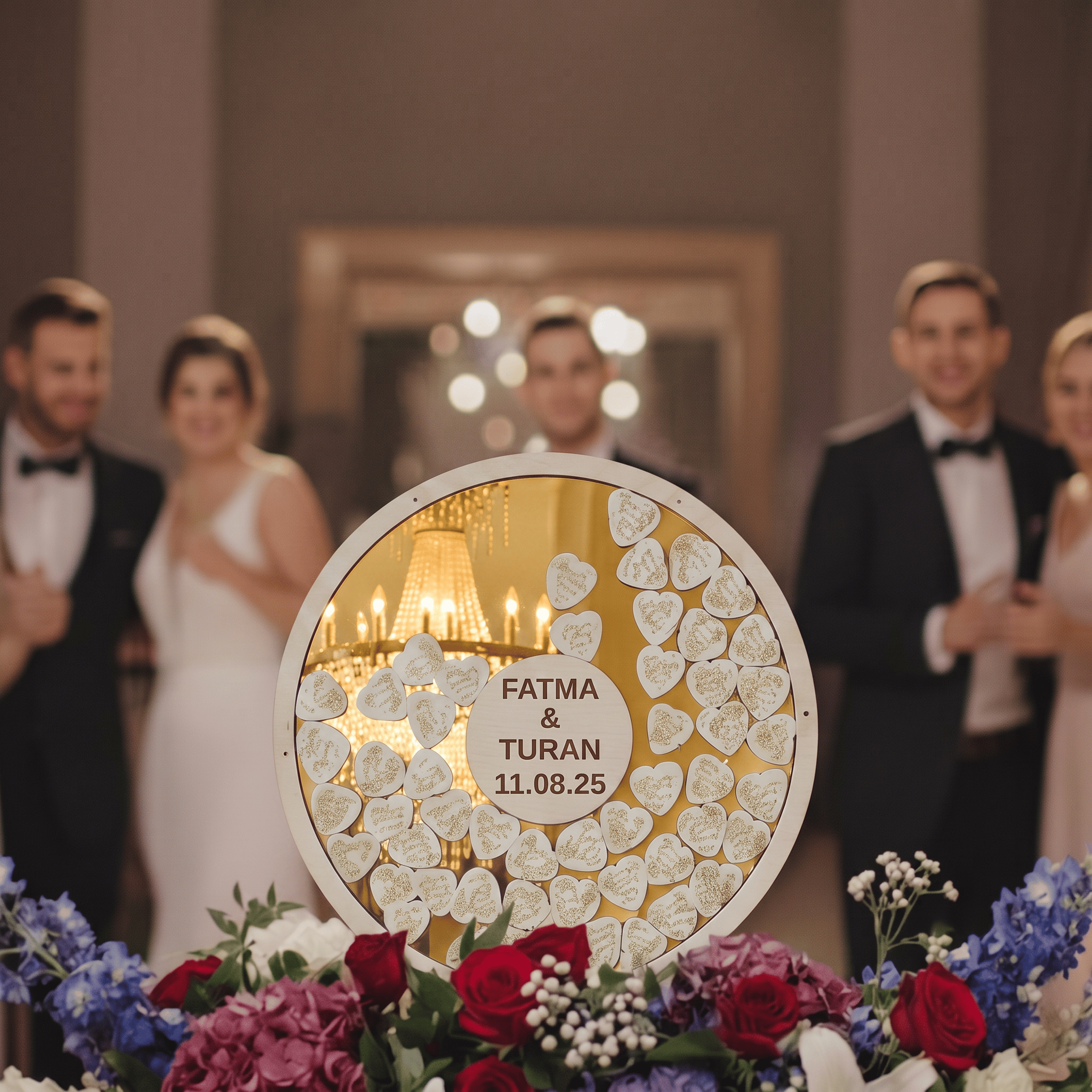 Kişiye Özel Gold Pleksi Yuvarlak Düğün Nişan Anı Kutusu (50 cm Set) 