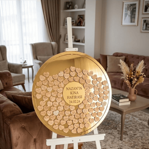 Kişiye Özel Gold Pleksi Yuvarlak Kına Gecesi Anı Kutusu (50 cm Set)
