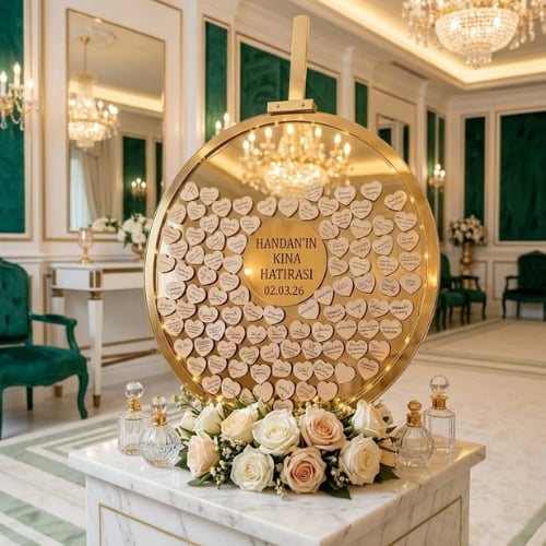 Kişiye Özel Gold Pleksi Yuvarlak Kına Gecesi Anı Kutusu (50 cm Set)