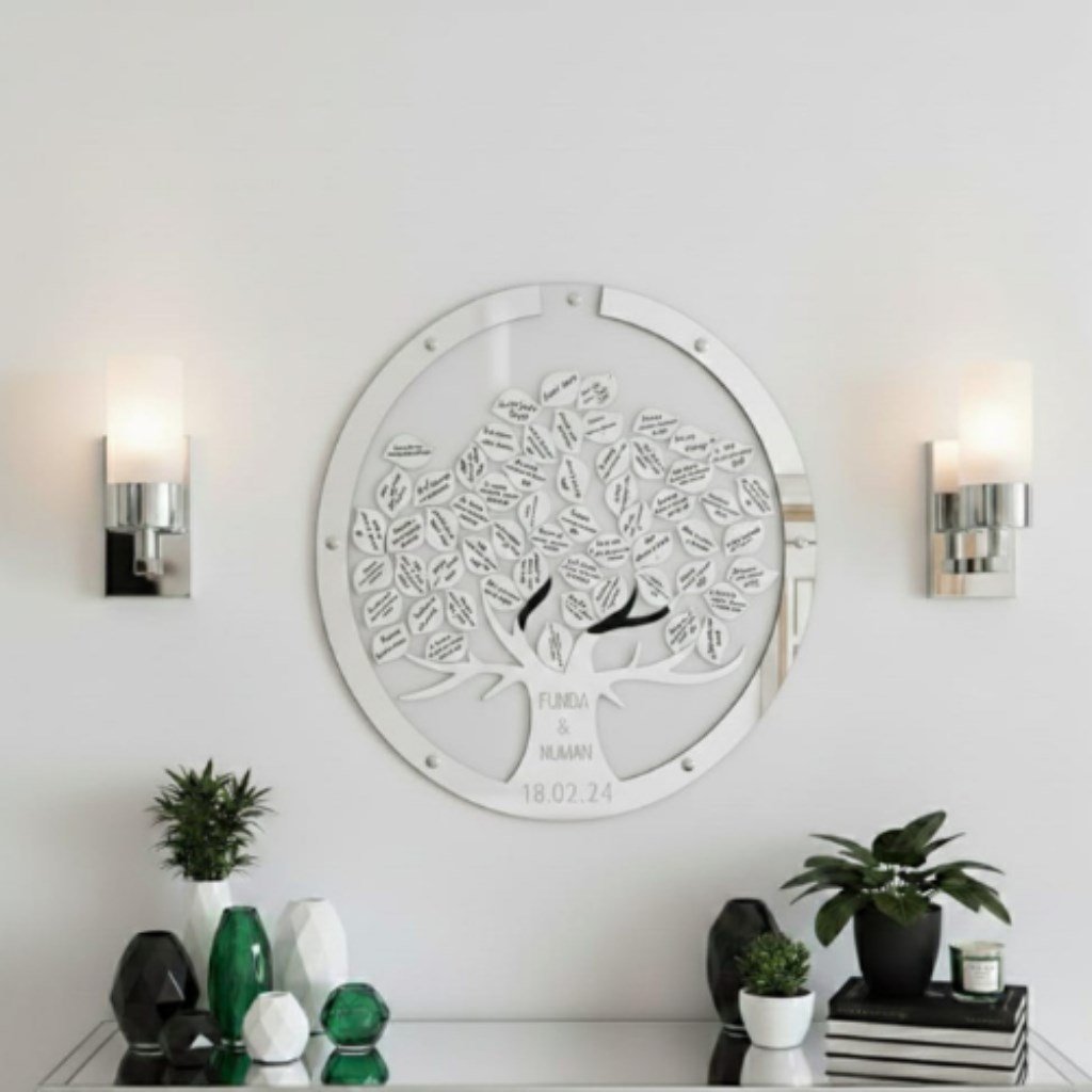 Kişiye Özel Gümüş Pleksi Ağaç Tasarımlı Şeffaf Düğün Anı Kutusu (50 cm Set)