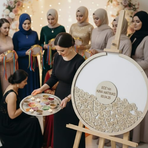 Kişiye Özel Mdf Beyaz Zeminli Yuvarlak Kına Gecesi Anı Kutusu (50 cm Set)