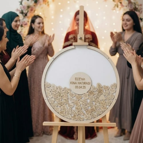 Kişiye Özel Mdf Beyaz Zeminli Yuvarlak Kına Gecesi Anı Kutusu (50 cm Set)