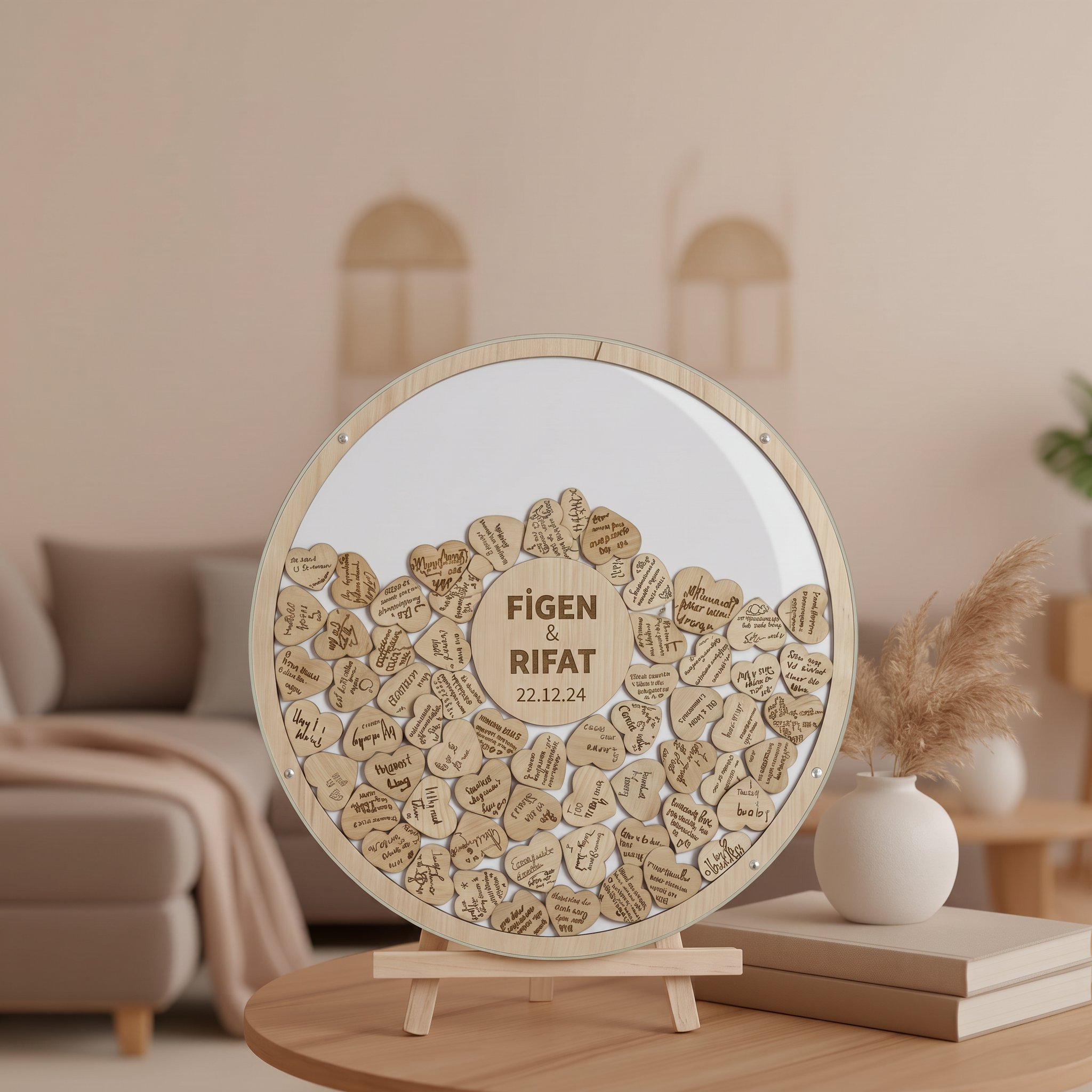 Kişiye Özel Pleksi Beyaz Yuvarlak Şekilli Düğün Anı Kutusu (50 cm Set)