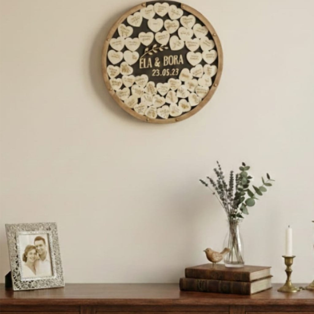 Kişiye Özel Yaprak Motifli İsimlikli Yuavarlak Siyah Ahşap Düğün Anı Kutusu (50 cm Set)
