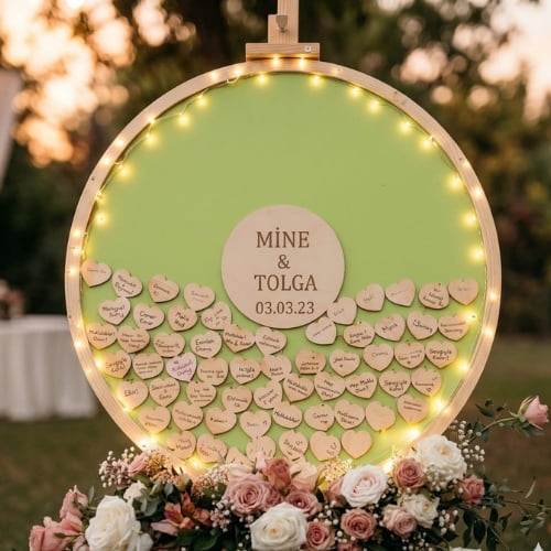 Kişiye Özel Yeşil Zeminli Yuvarlak Ahşap Düğün Anı Kutusu (50 cm Set)