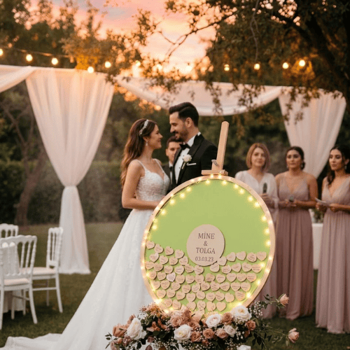 Kişiye Özel Yeşil Zeminli Yuvarlak Ahşap Düğün Anı Kutusu (50 cm Set)
