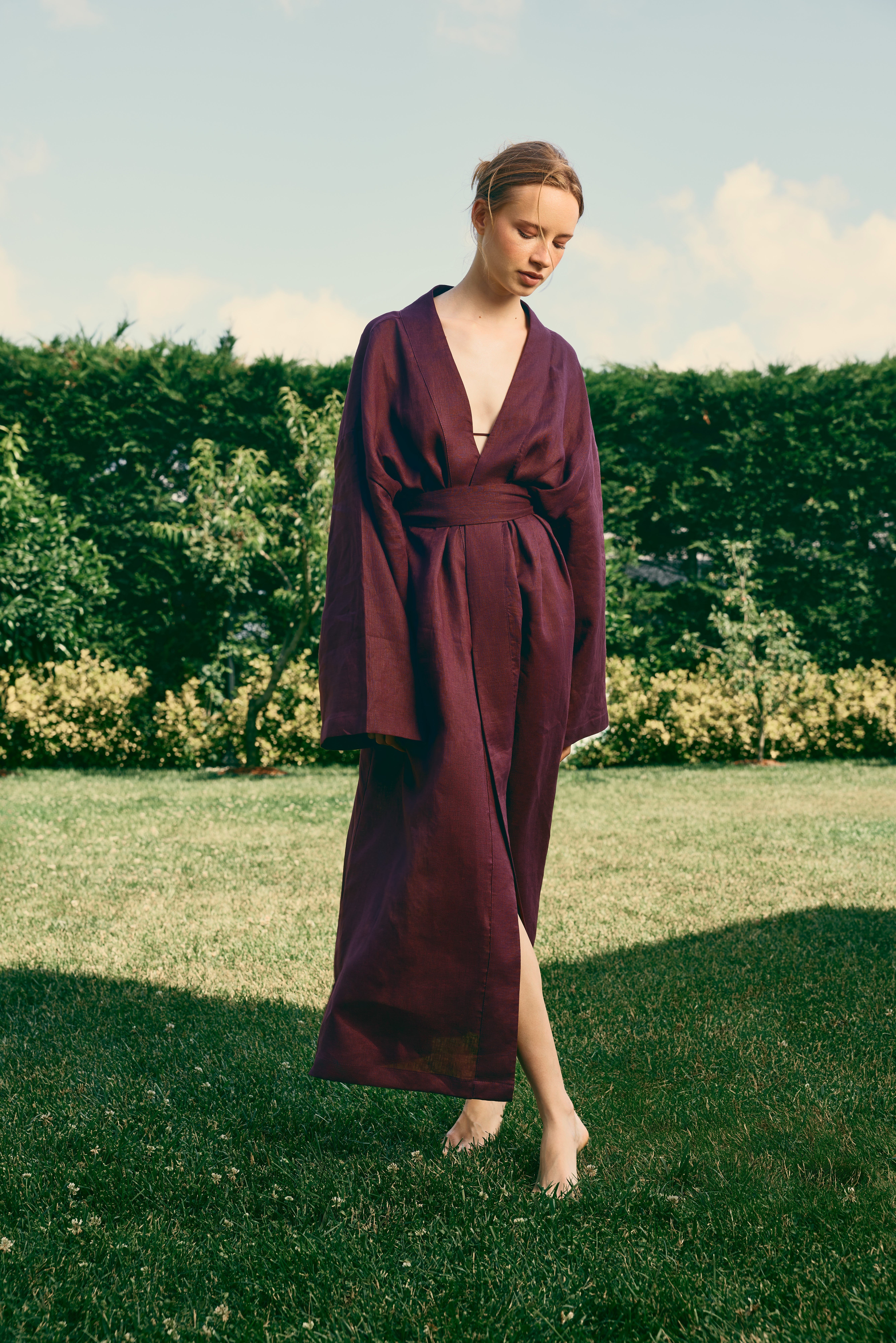  %100 Keten Natura Uzun Kimono Bordo