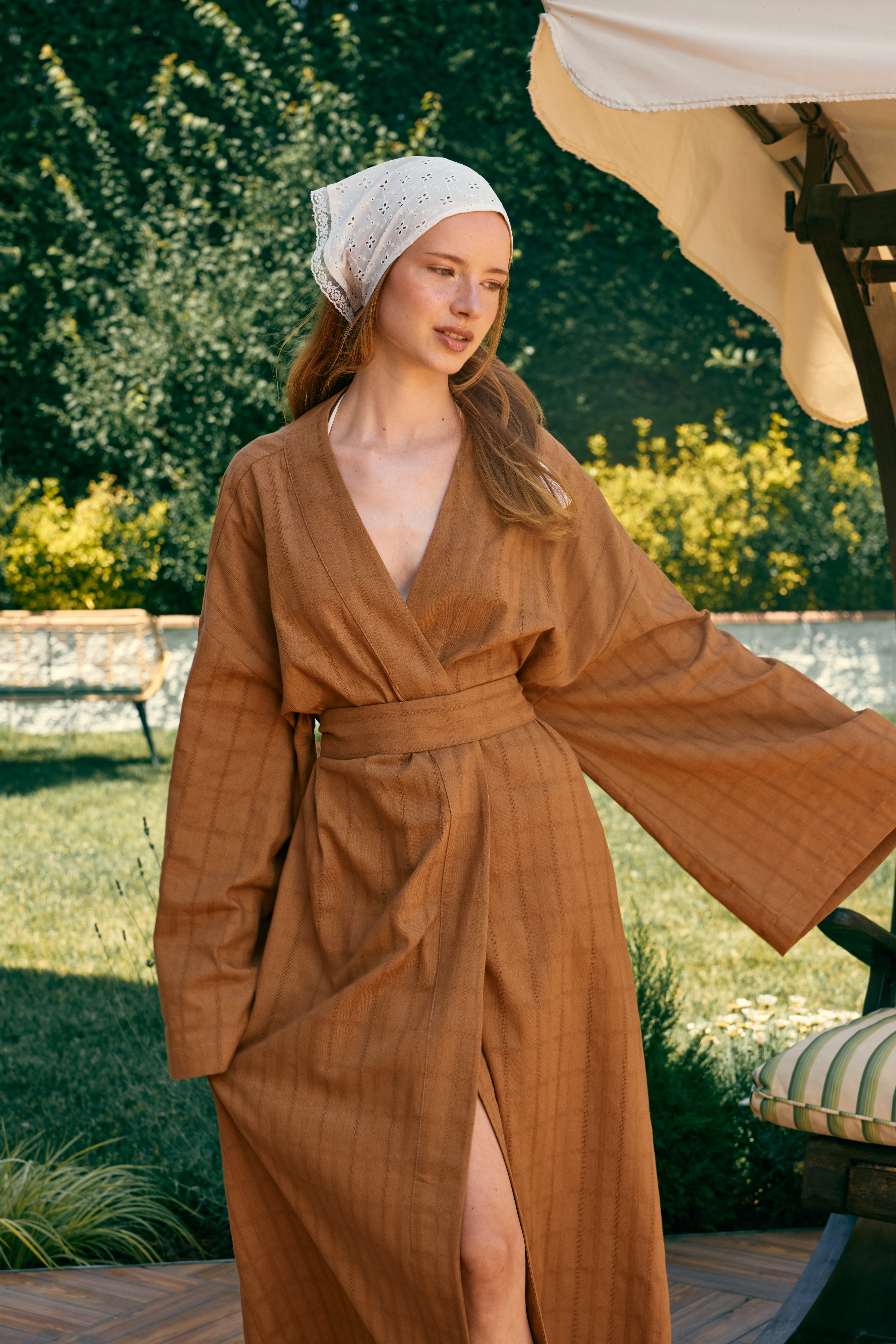 Natura %100 Keten Dokuma Çizgili Kimono
