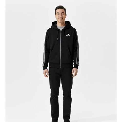 adidas Erkek Kapüşonlu Düz Desenli Ess Hld Fermuarlı Sweat Siyah Rahat Kesim