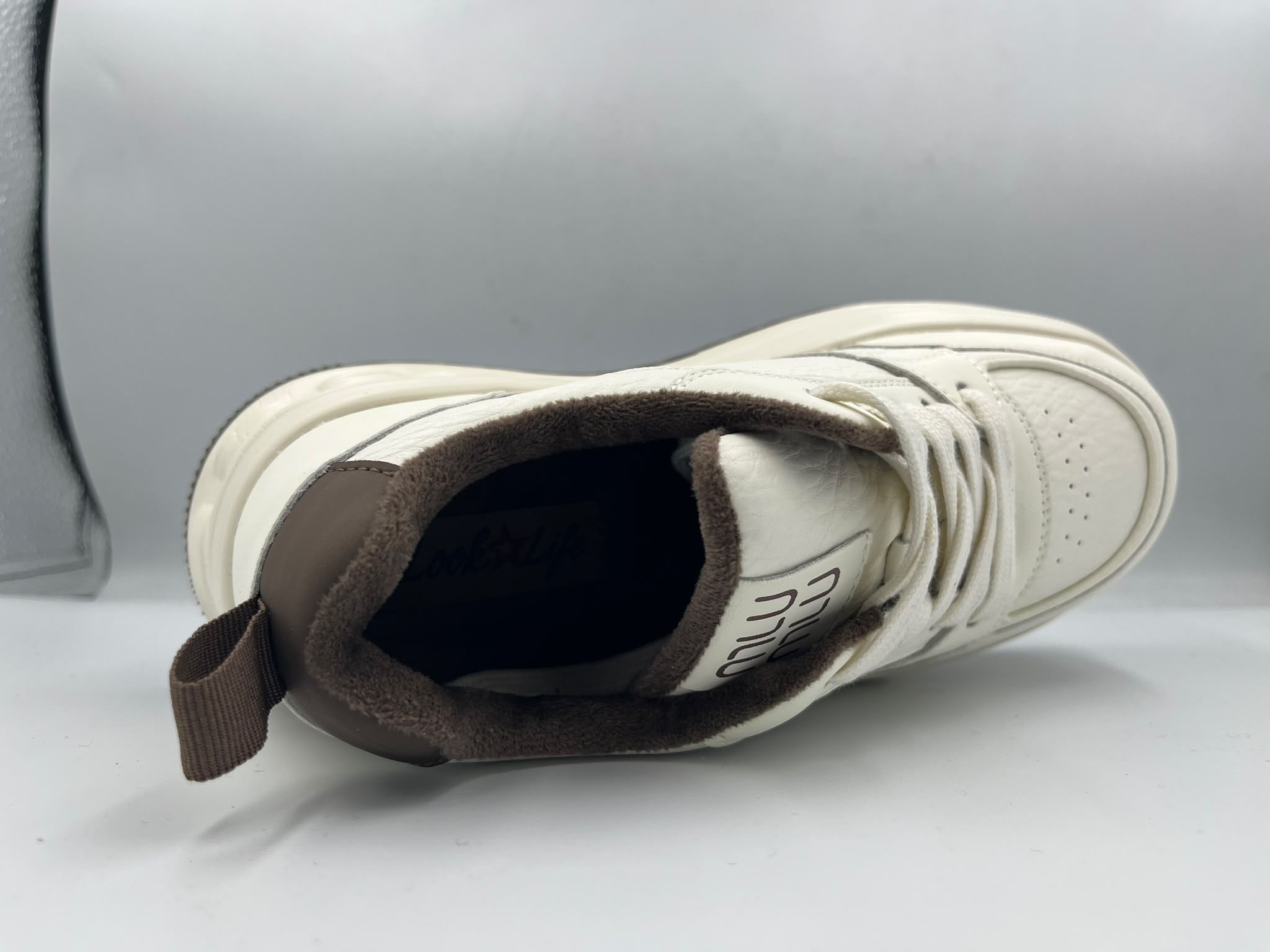 Kadın Beyaz Vizon Yüksek Kalın Taban Deri Casual Sneaker Spor Ayakkabı