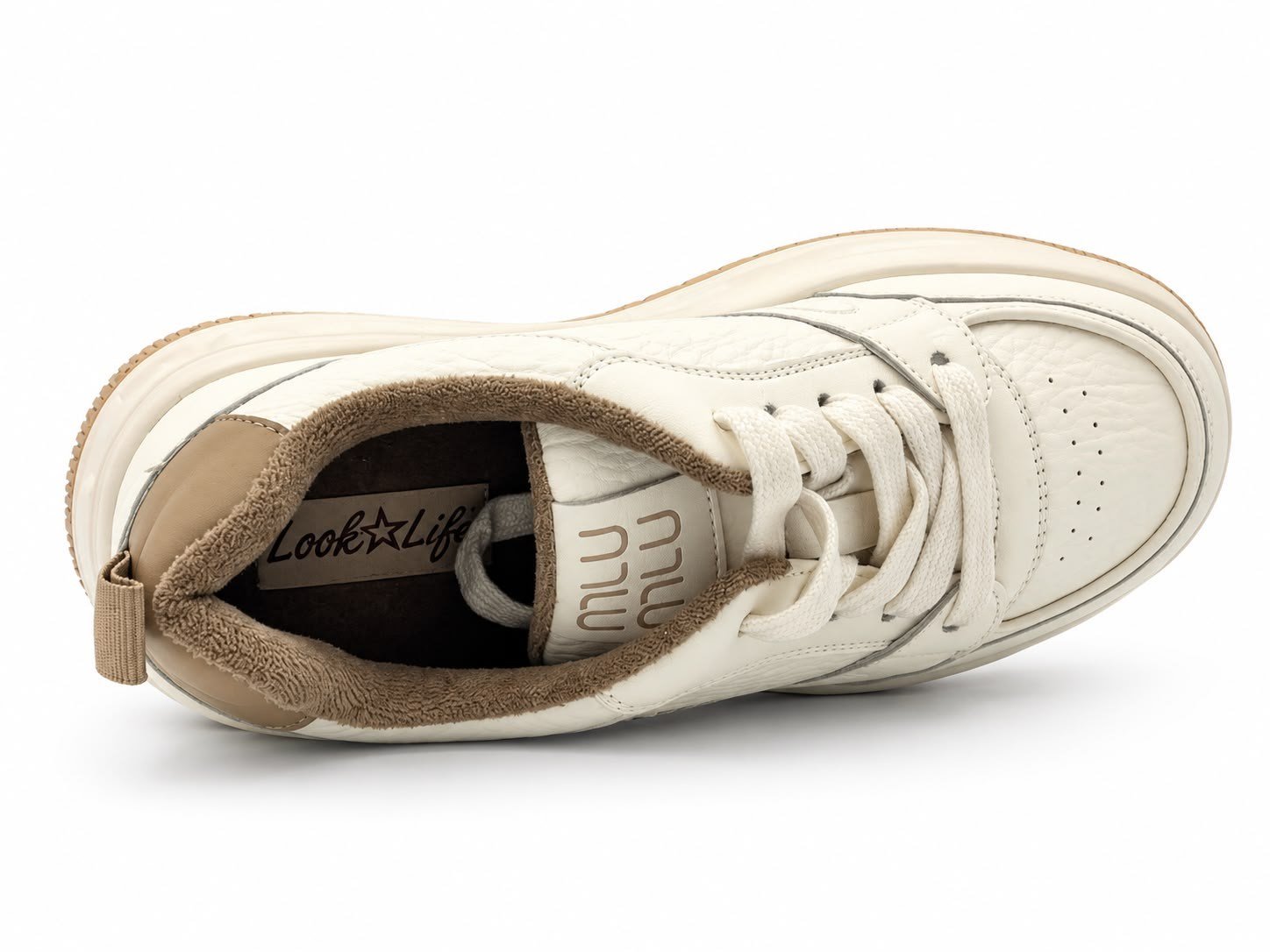 Kadın Beyaz Vizon Yüksek Kalın Taban Deri Casual Sneaker Spor Ayakkabı