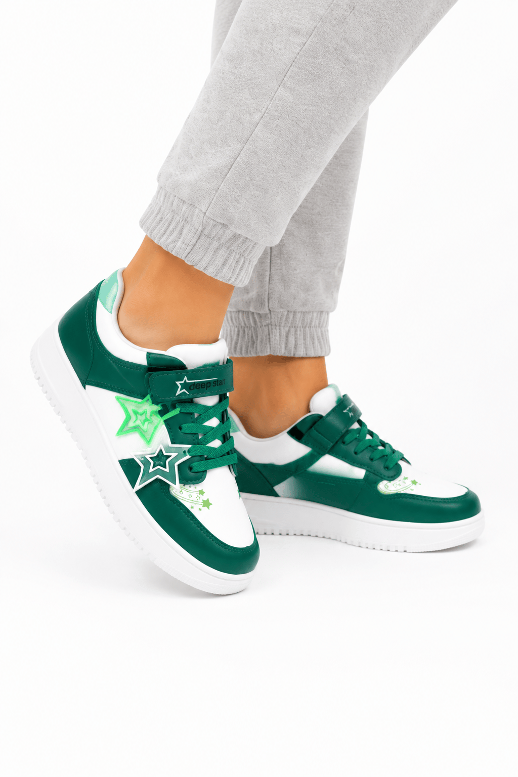 Cilt Faylon Taban Yıldızlı Sneaker Çocuk Spor Ayakkabı BEYAZ - YEŞİL