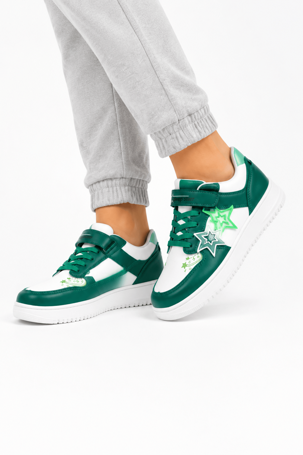 Cilt Faylon Taban Yıldızlı Sneaker Çocuk Spor Ayakkabı BEYAZ - YEŞİL
