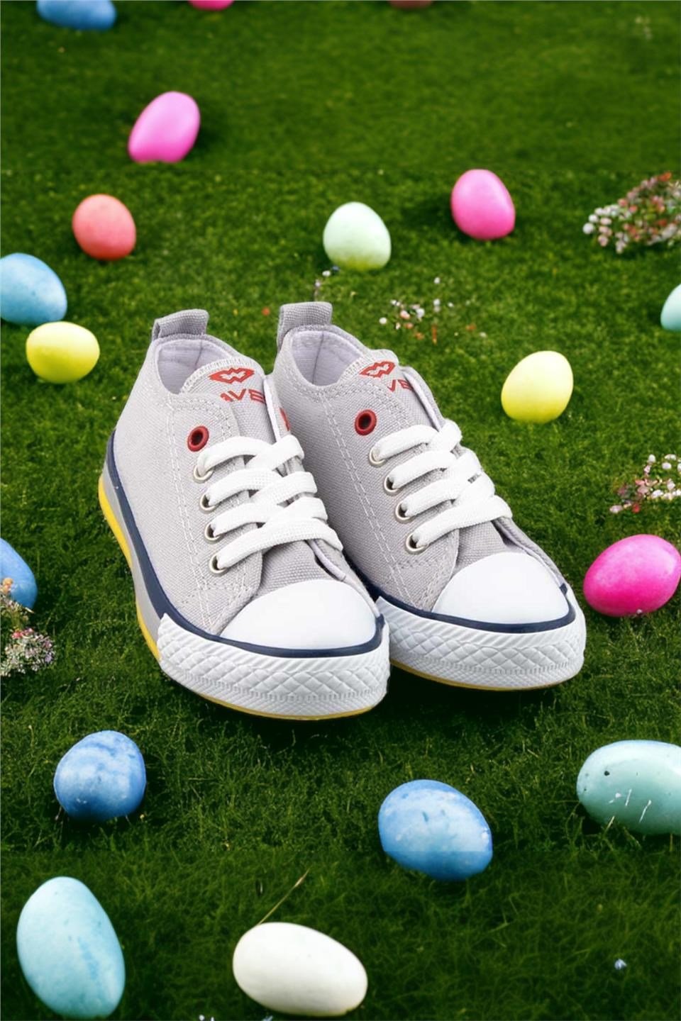 Çocuk Keten Kısa Convers Modeli Bağcıklı Spor Ayakkabı GRİ