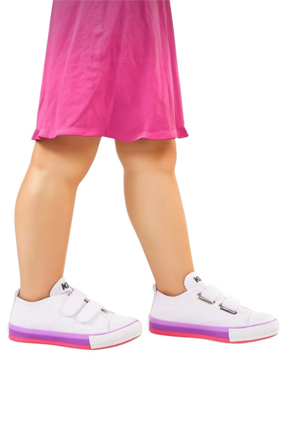 Çocuk Keten Kısa Convers Modeli Cırtlı Sneaker Spor Ayakkabı BEYAZ - LİLA