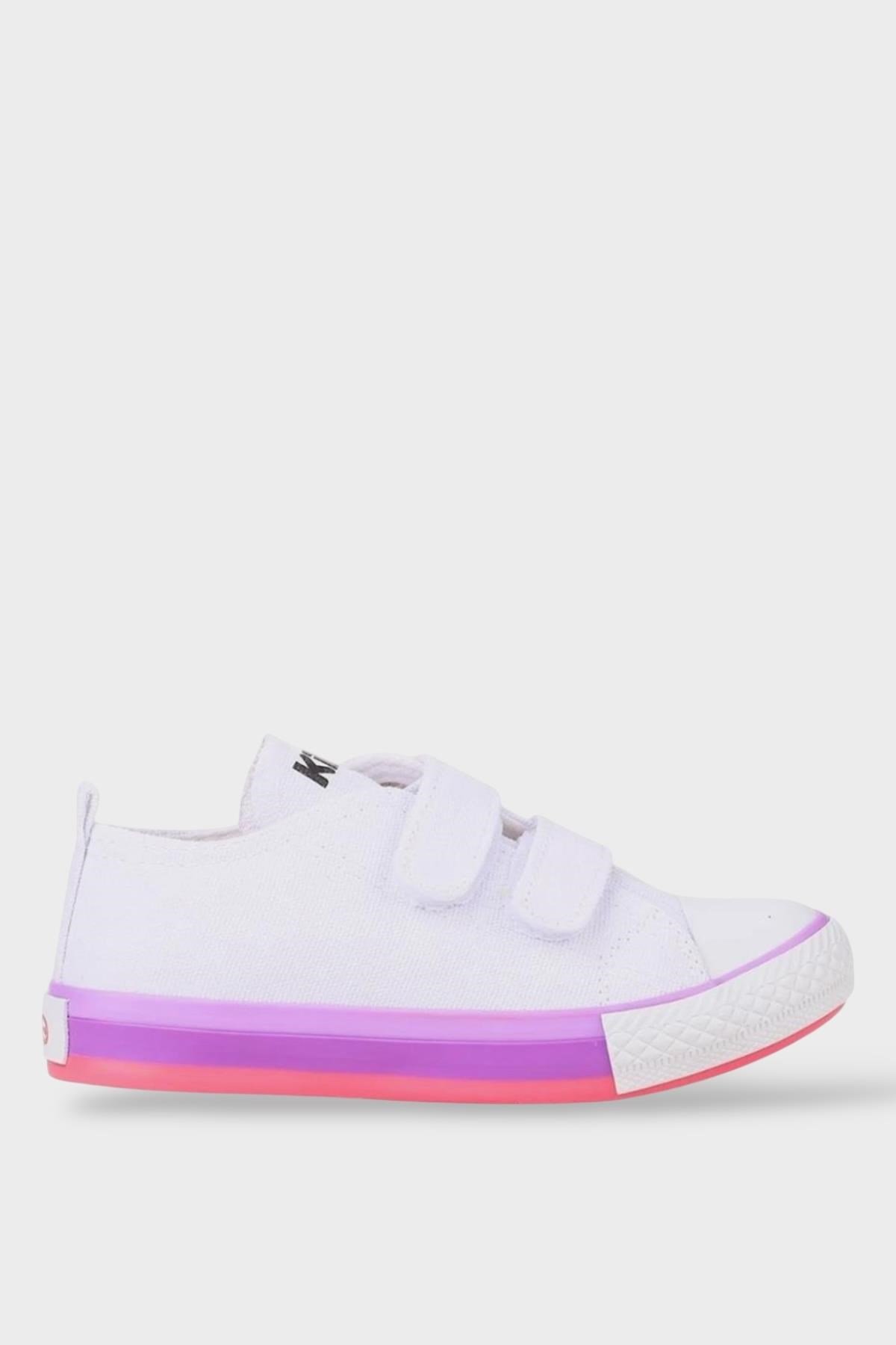 Çocuk Keten Kısa Convers Modeli Cırtlı Sneaker Spor Ayakkabı BEYAZ - LİLA