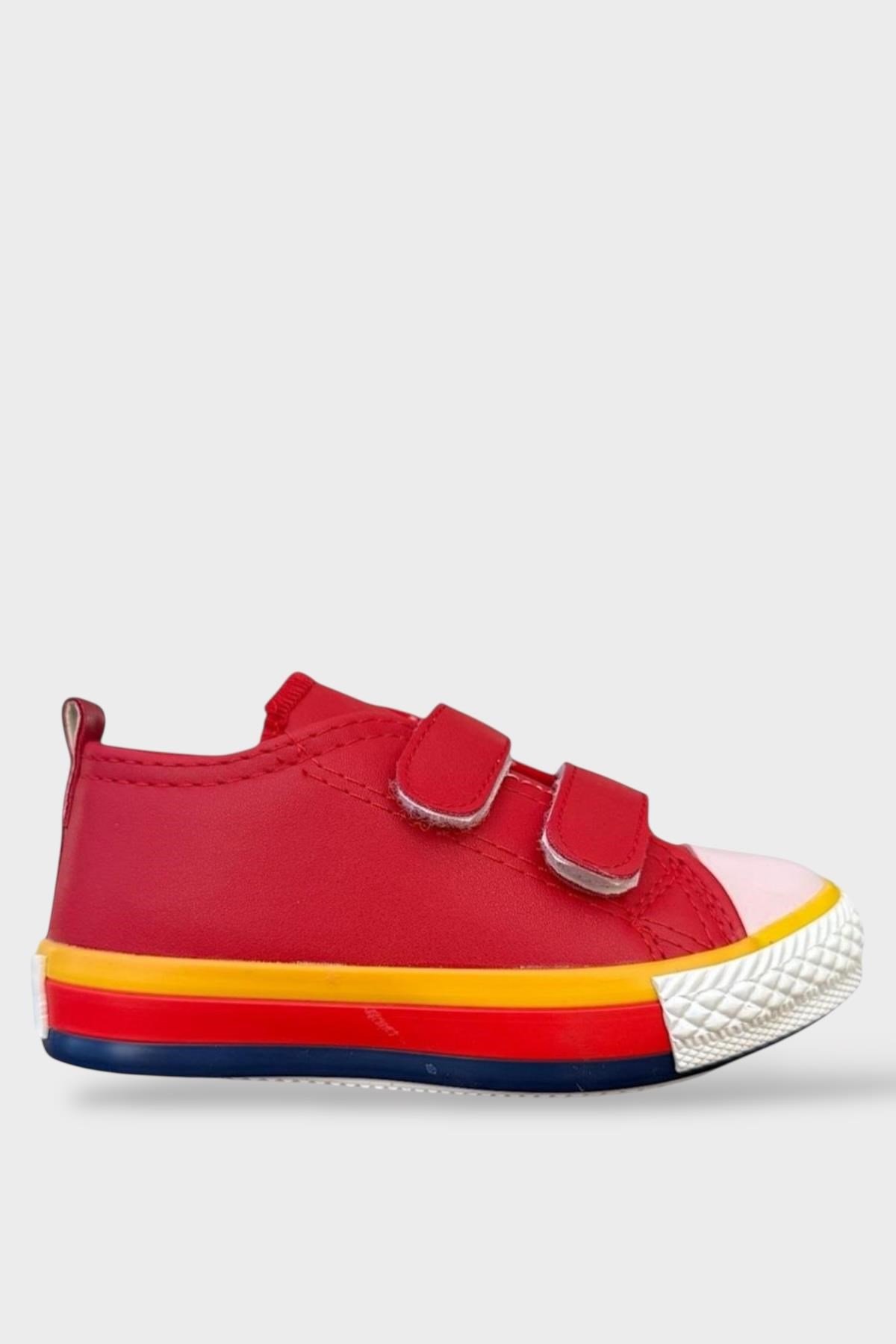 Çocuk Keten Kısa Convers Modeli Cırtlı Sneaker Spor Ayakkabı KIRMIZI - BEYAZ