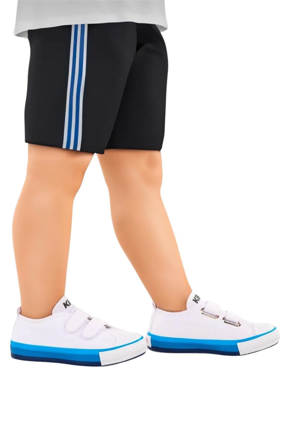 Çocuk Keten Kısa Convers Modeli Cırtlı Sneaker Spor Ayakkabı BEYAZ - MAVİ