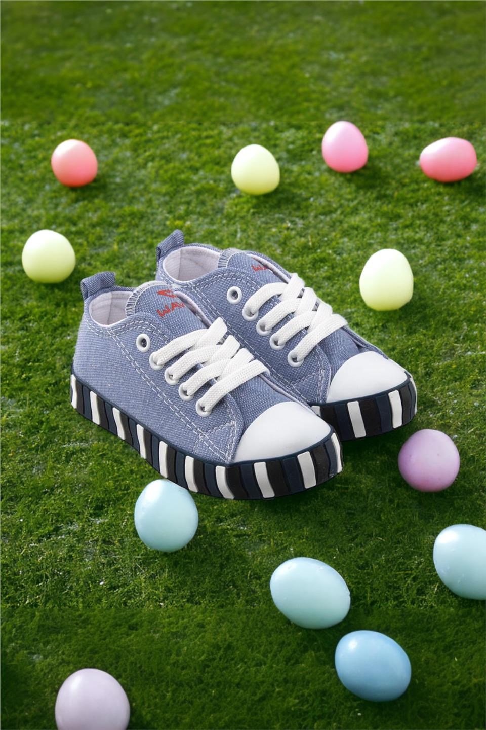 Çocuk Keten Kısa Convers Modeli Unisex Bağcıklı Spor Ayakkabı MAVİ