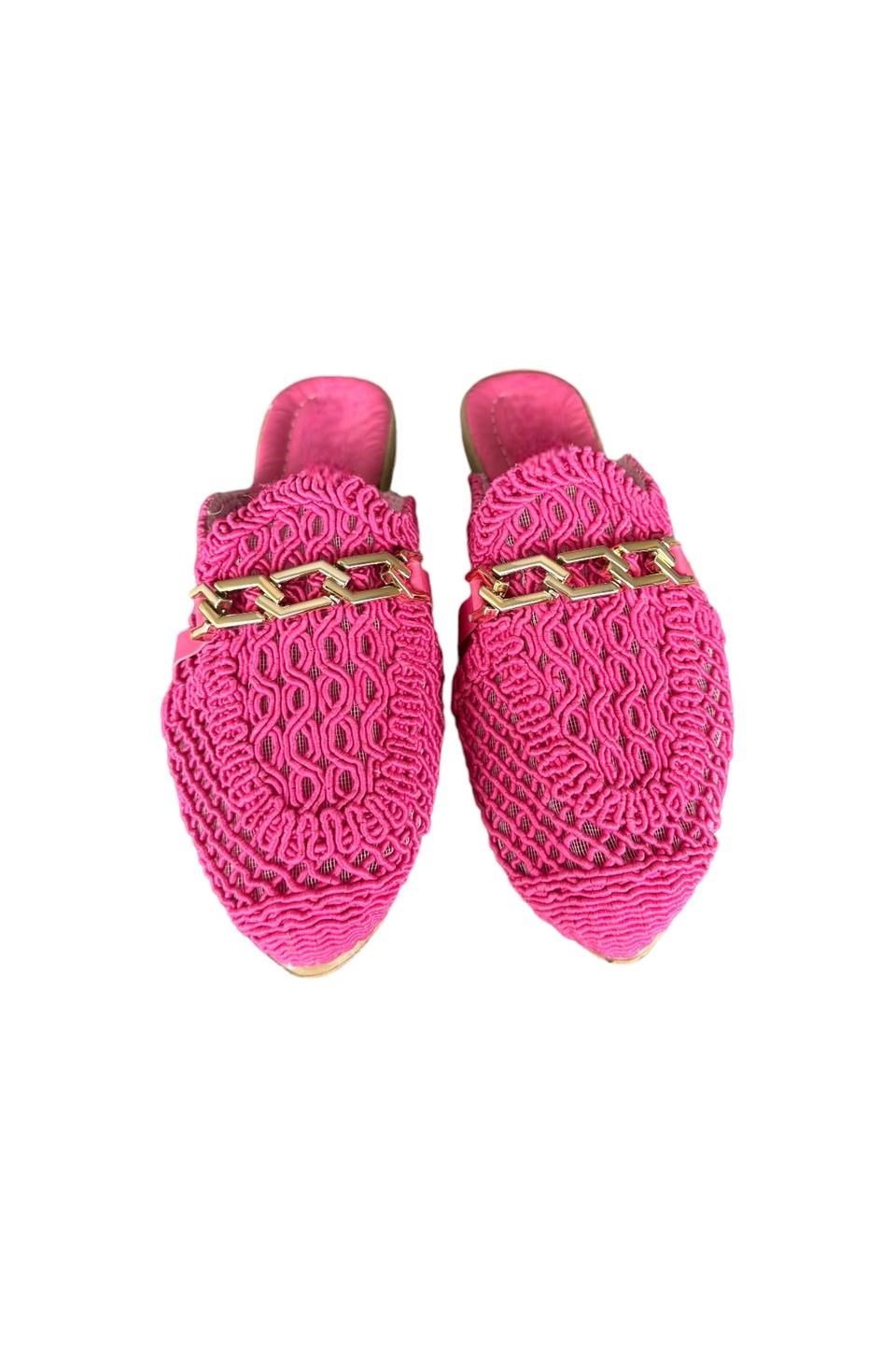 Dantel İşlemeli Zincirli Kadın Terlik PEMBE