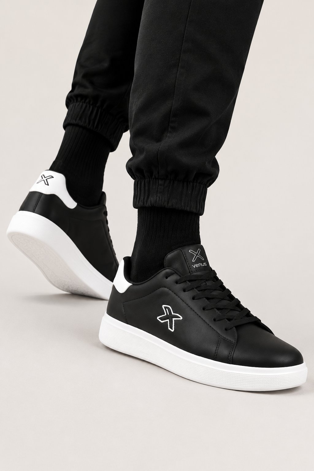 Erkek Cilt Sneaker Ayakkabı SİYAH - BEYAZ