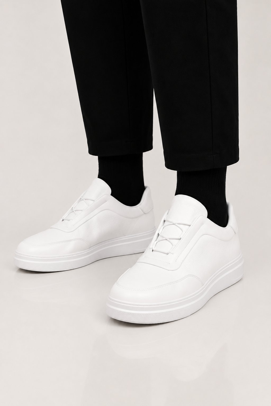 Erkek Yüksek Kalın Taban Bağcıklı Sneaker Ayakkabı BEYAZ