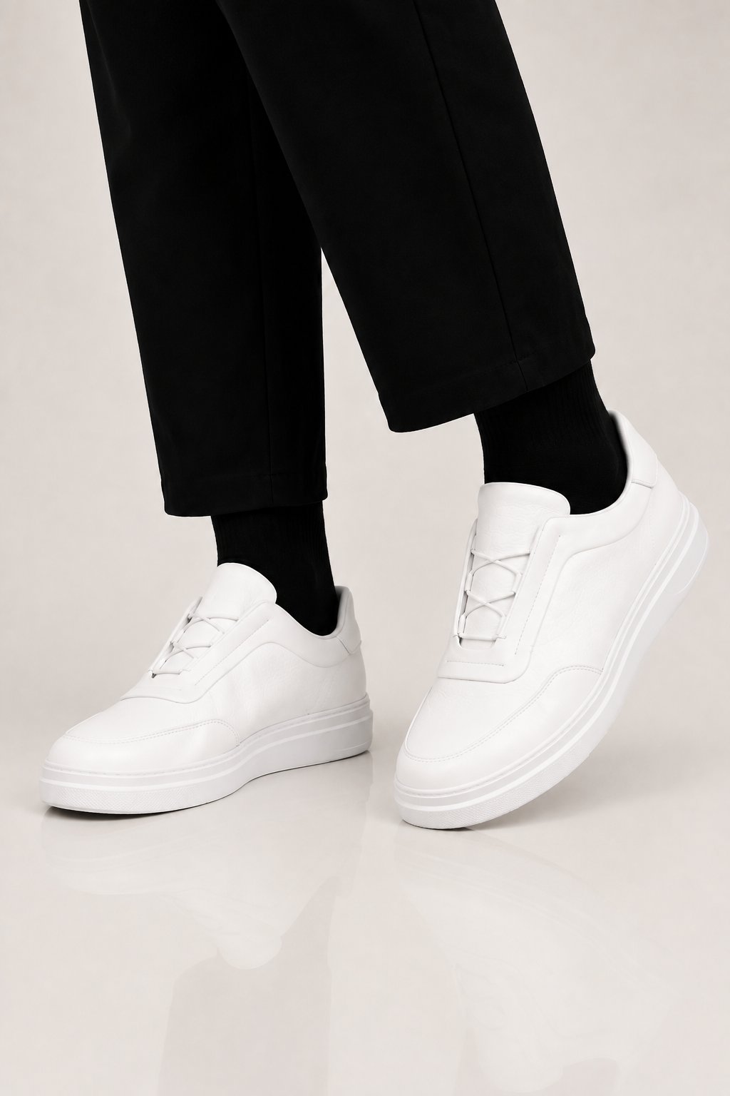Erkek Yüksek Kalın Taban Bağcıklı Sneaker Ayakkabı BEYAZ
