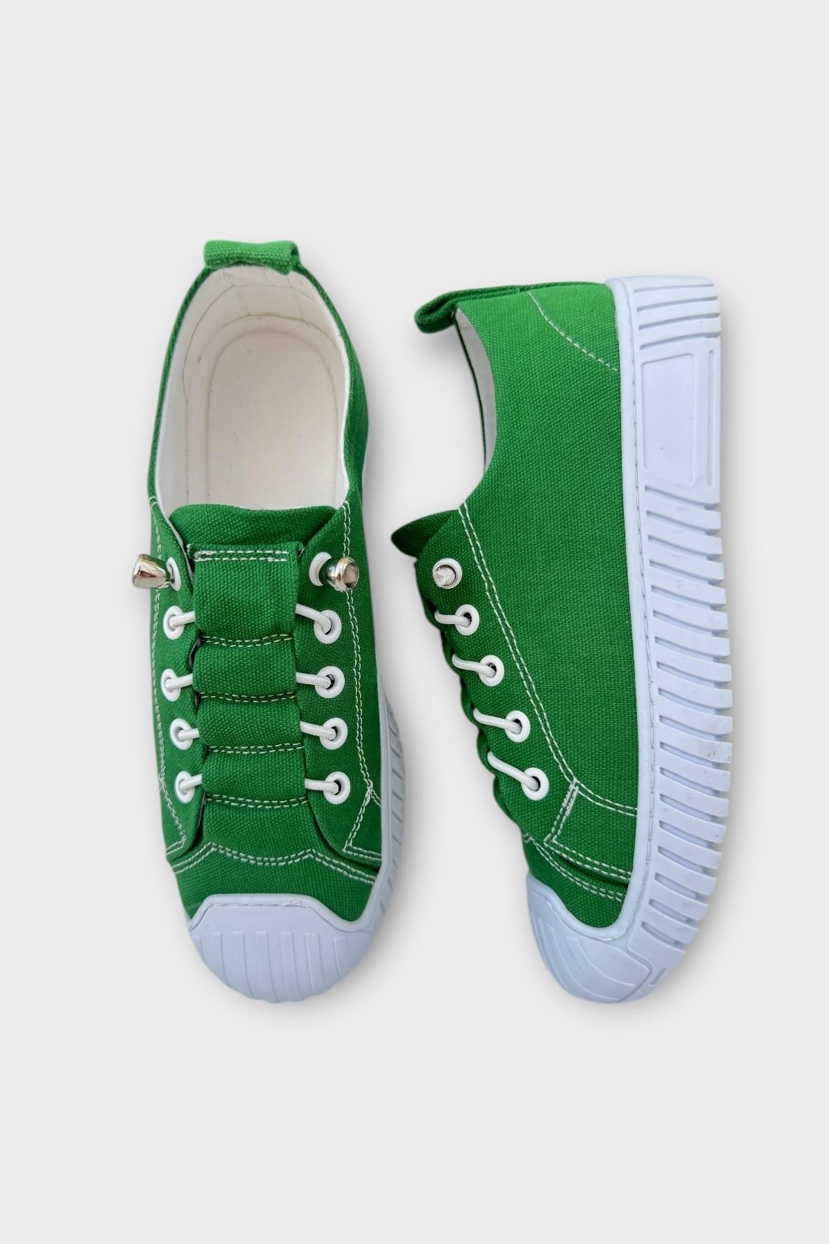 Kadın Kolay Giyilebilir Lastik Bağcıklı Spor Keten Sneaker Ayakkabı YEŞİL