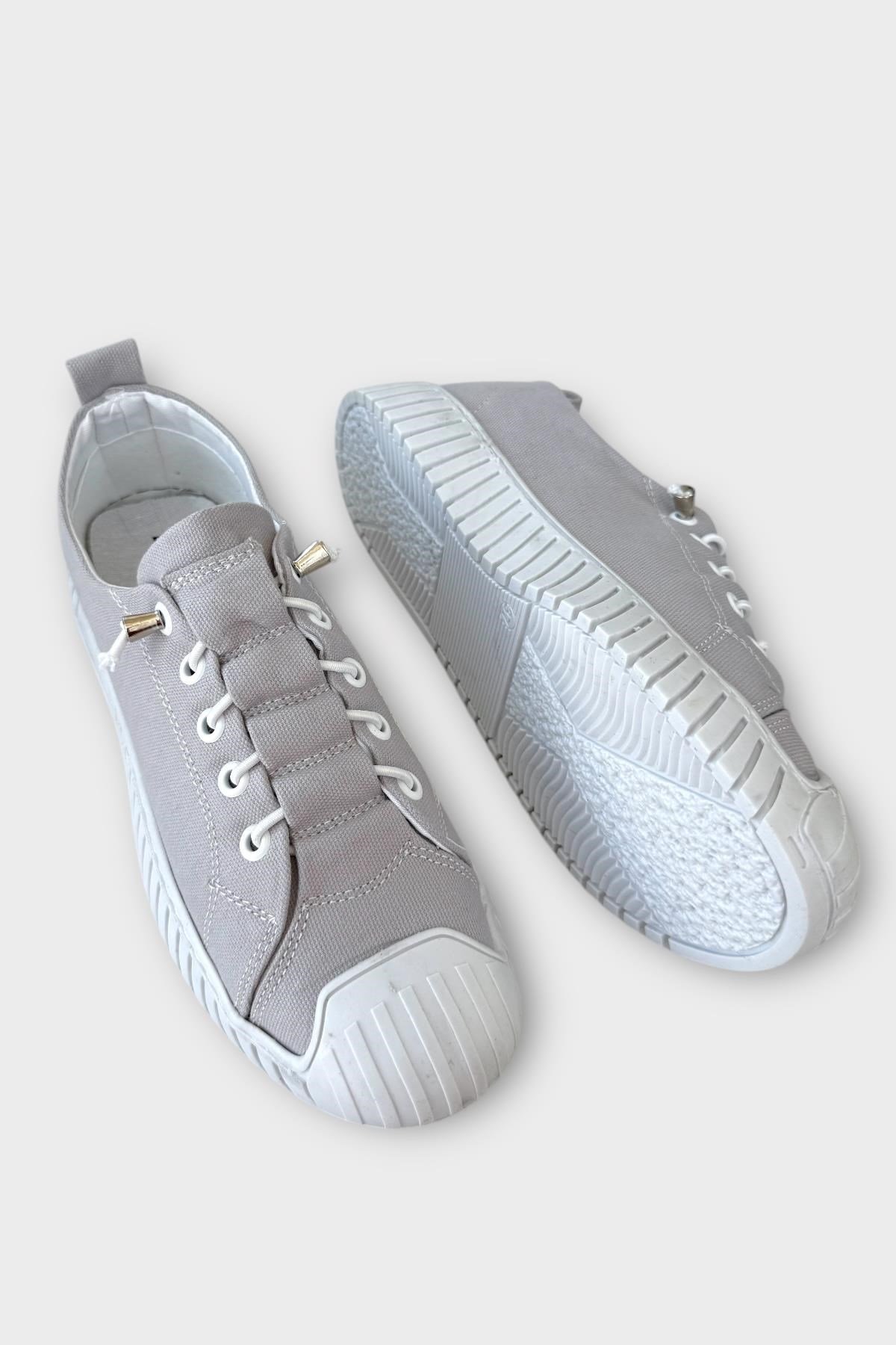 Kadın Kolay Giyilebilir Lastik Bağcıklı Spor Keten Sneaker Ayakkabı GRİ