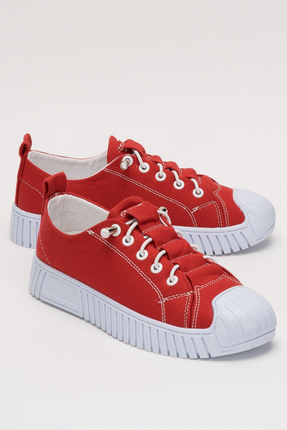 Kadın Kolay Giyilebilir Lastik Bağcıklı Spor Keten Sneaker Ayakkabı KIRMIZI
