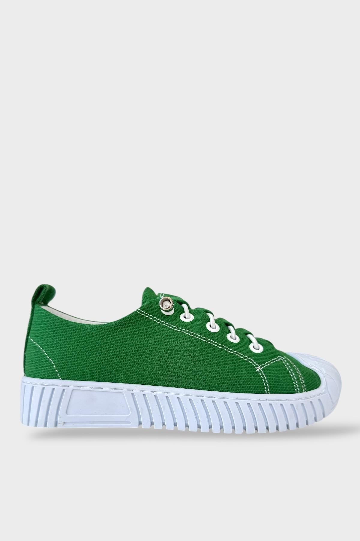 Kadın Kolay Giyilebilir Lastik Bağcıklı Spor Keten Sneaker Ayakkabı YEŞİL