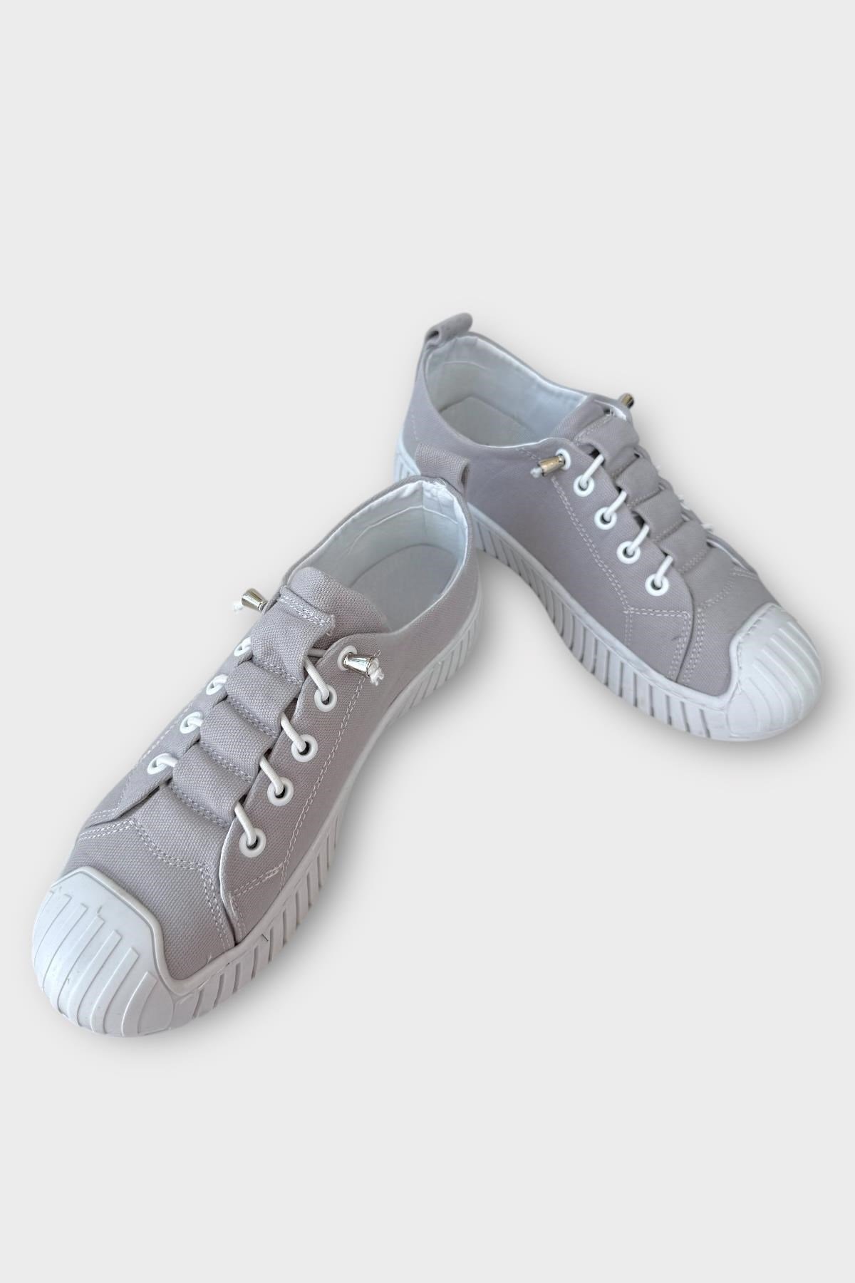 Kadın Kolay Giyilebilir Lastik Bağcıklı Spor Keten Sneaker Ayakkabı GRİ