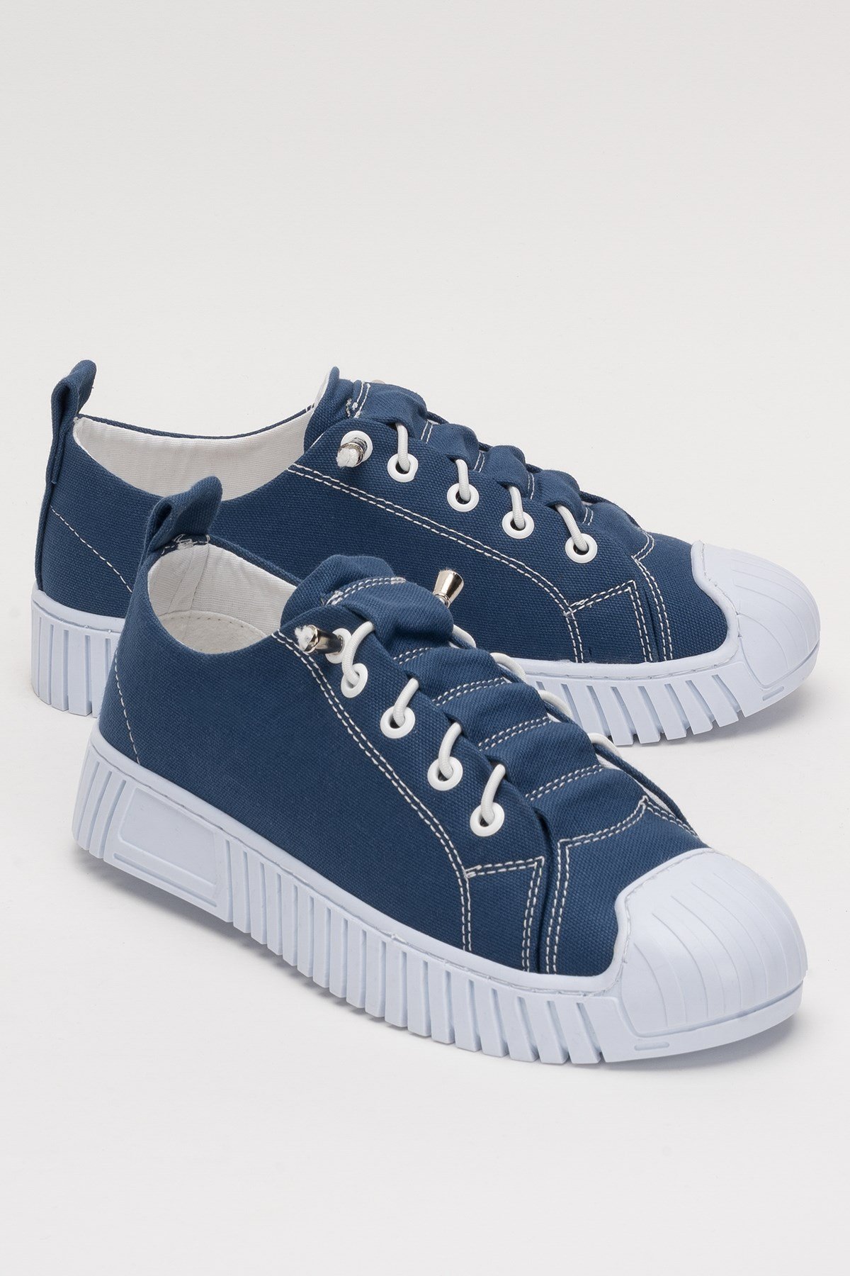 Kadın Kolay Giyilebilir Lastik Bağcıklı Spor Keten Sneaker Ayakkabı LACİVERT