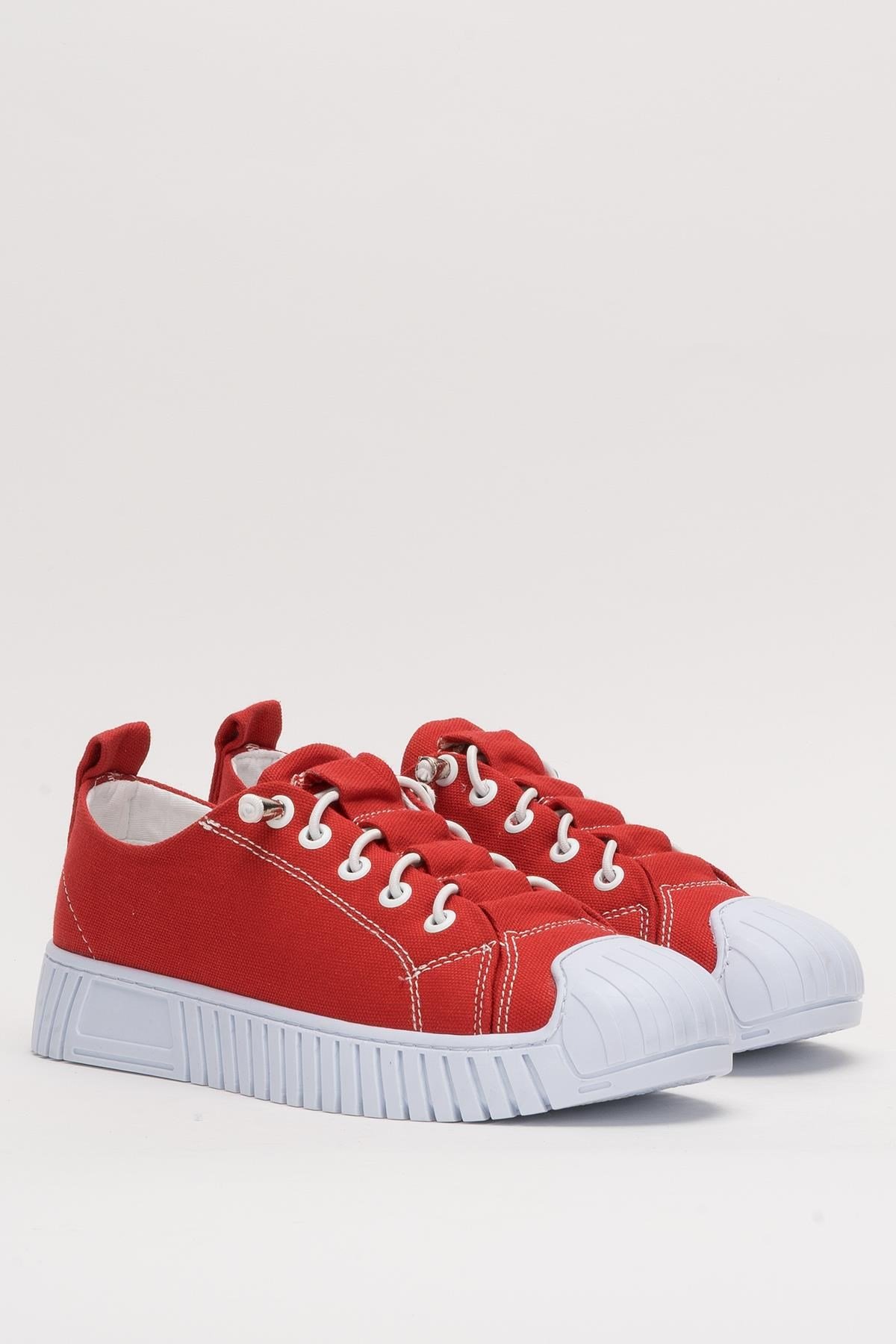 Kadın Kolay Giyilebilir Lastik Bağcıklı Spor Keten Sneaker Ayakkabı KIRMIZI
