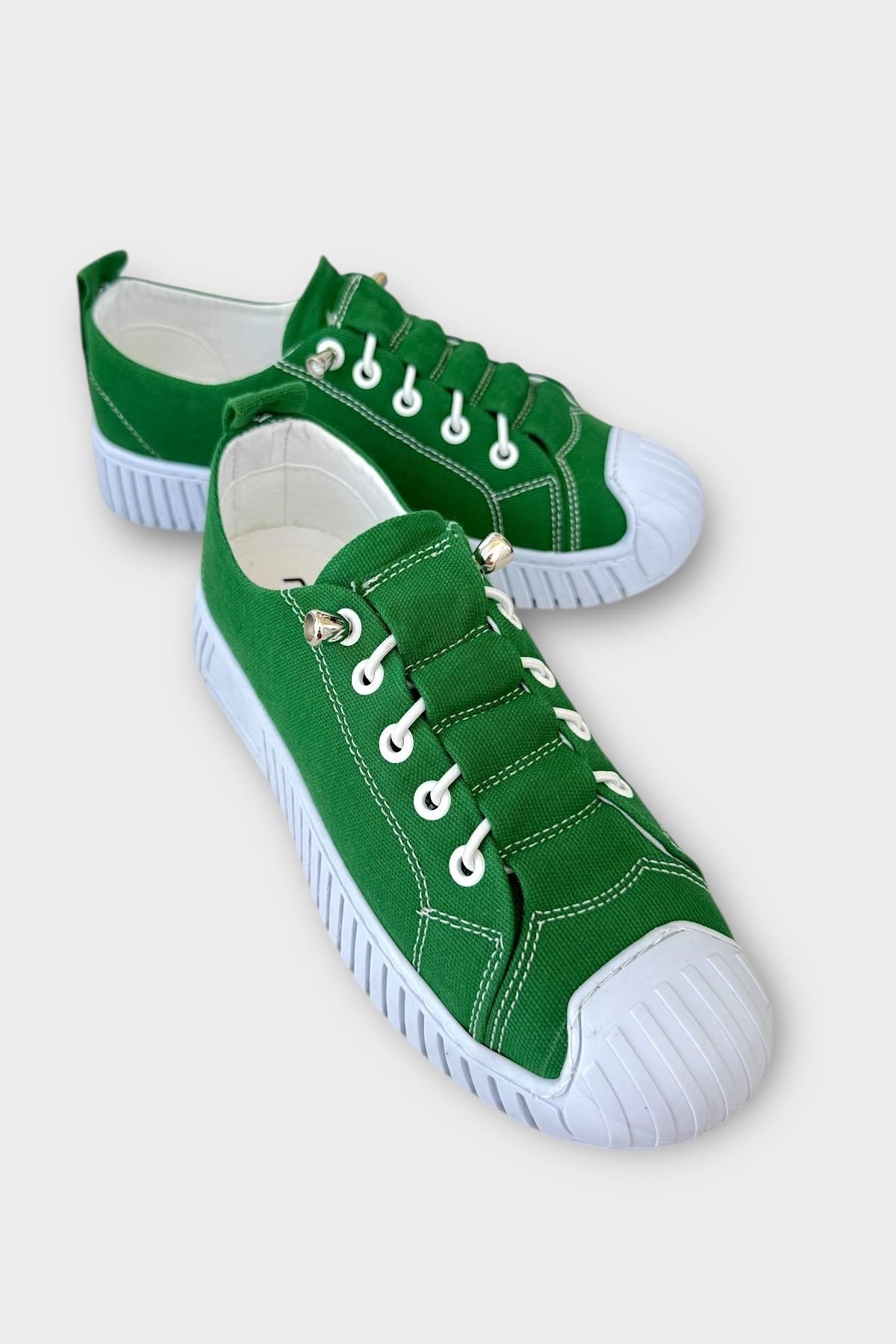 Kadın Kolay Giyilebilir Lastik Bağcıklı Spor Keten Sneaker Ayakkabı YEŞİL