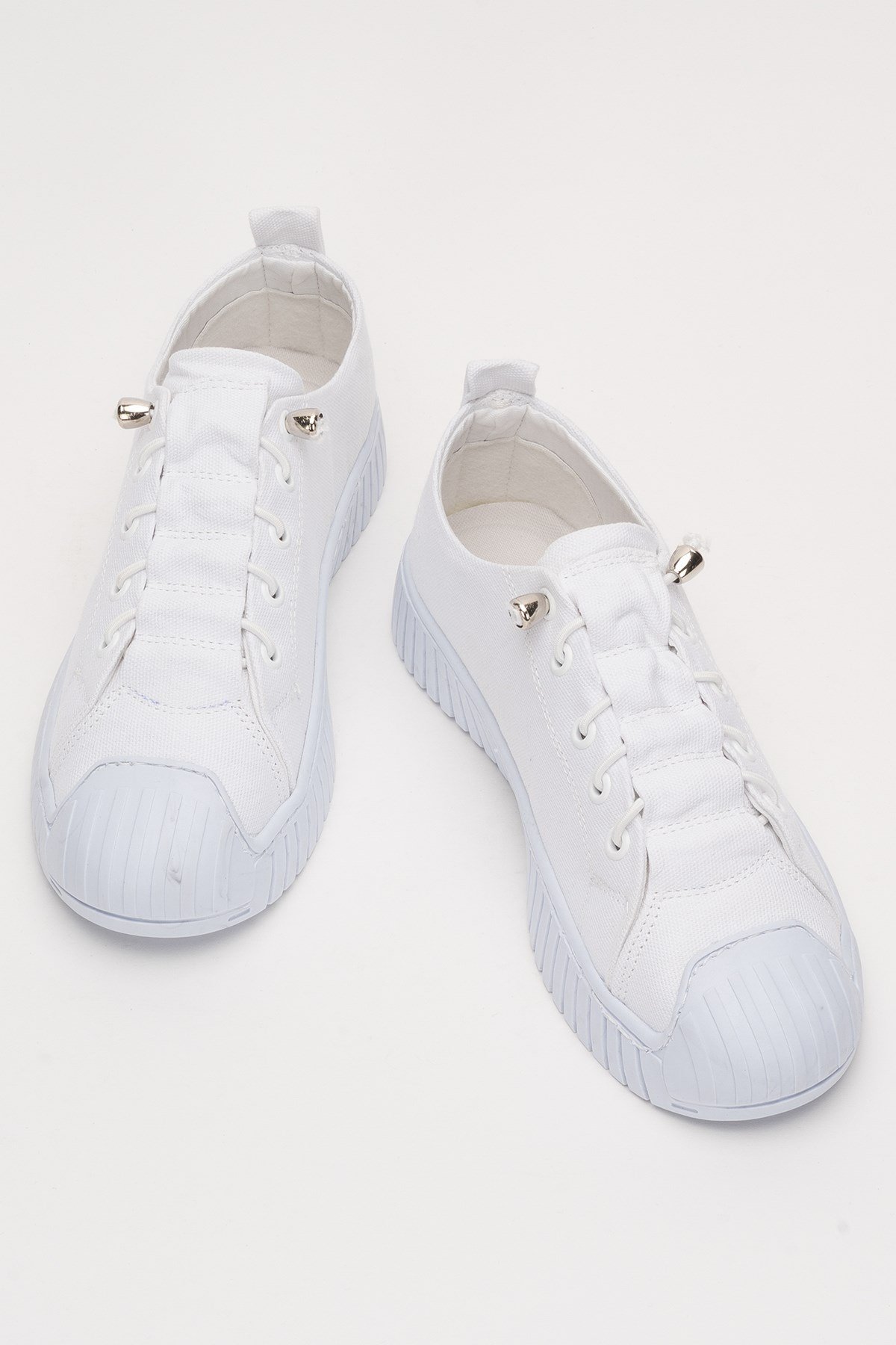 Kadın Kolay Giyilebilir Lastik Bağcıklı Spor Keten Sneaker Ayakkabı BEYAZ