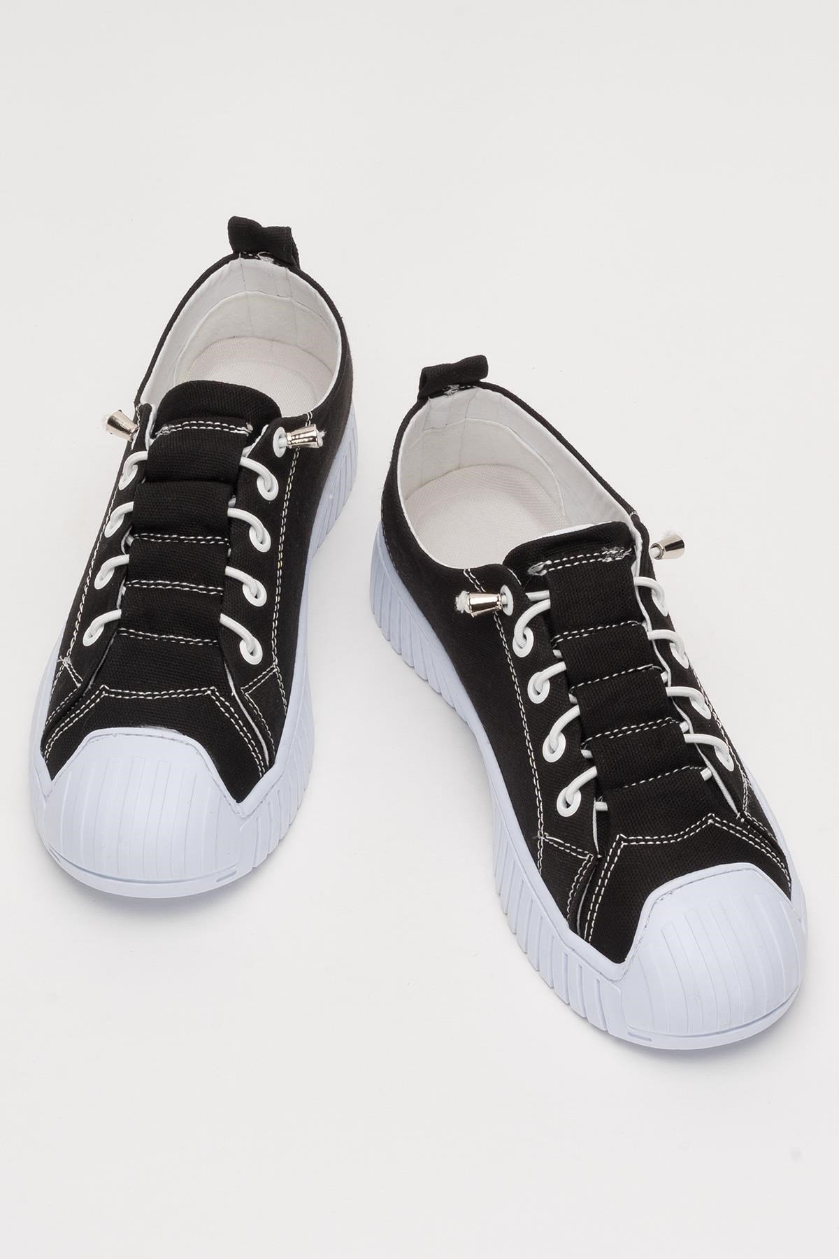 Kadın Kolay Giyilebilir Lastik Bağcıklı Spor Keten Sneaker Ayakkabı SİYAH - BEYAZ
