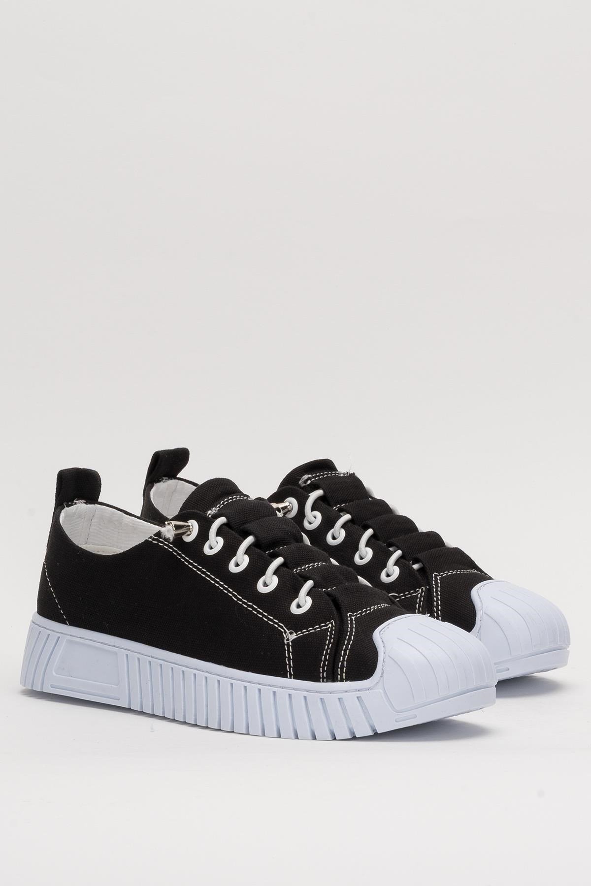 Kadın Kolay Giyilebilir Lastik Bağcıklı Spor Keten Sneaker Ayakkabı SİYAH - BEYAZ